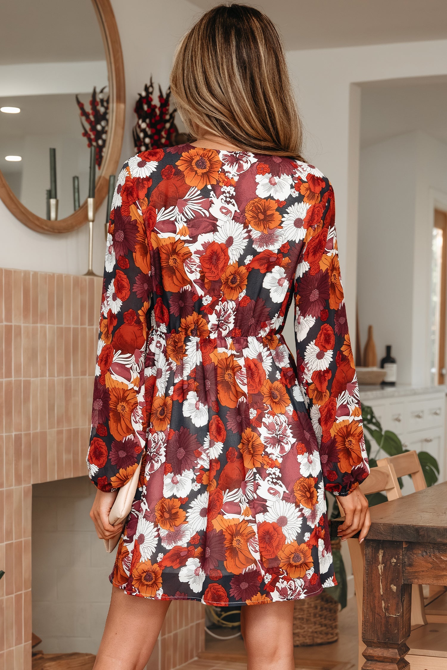 Red Floral Print Wrap V Neck Puff Sleeve Flowy Mini Dress