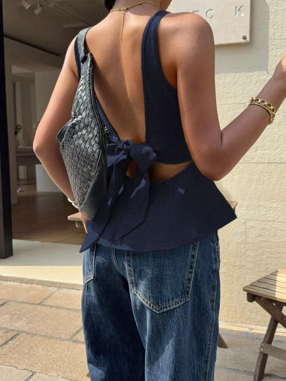 Backless Peplum Tank Top with Bow Tie