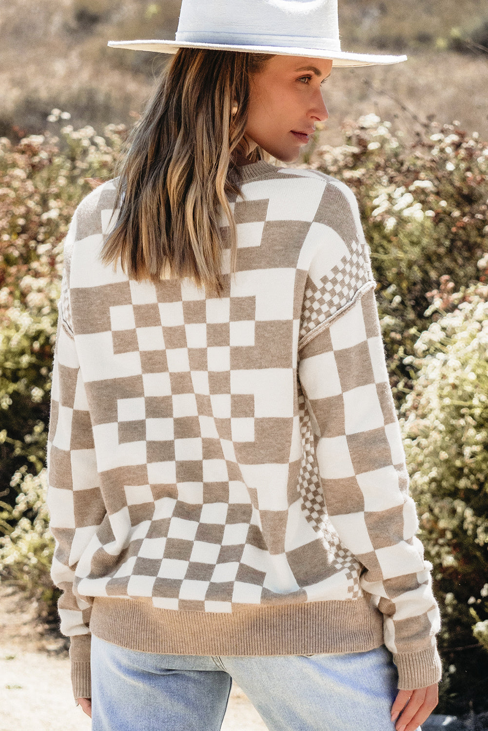 Checker Round Neck Drop Shoulder Sweater