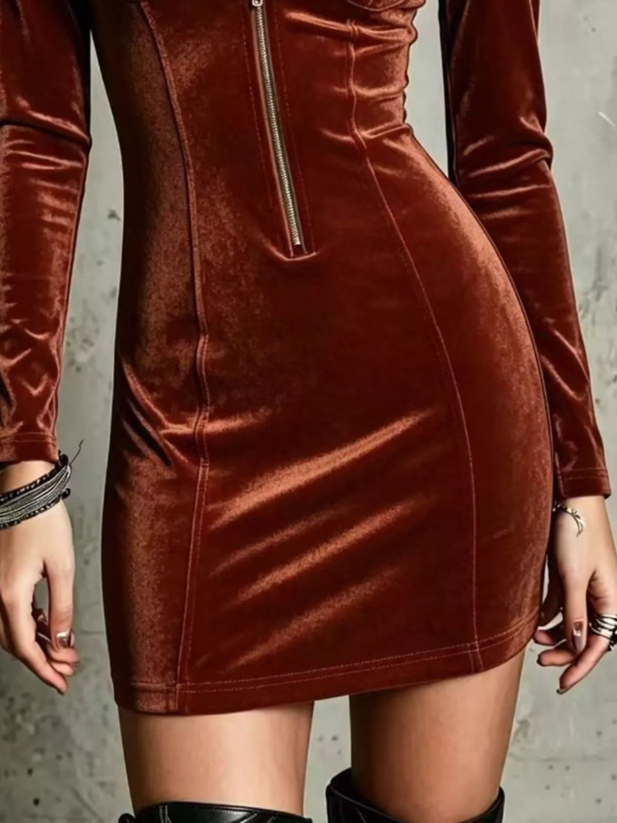 Velvet Zip-Front Utility Bodycon Mini Dress