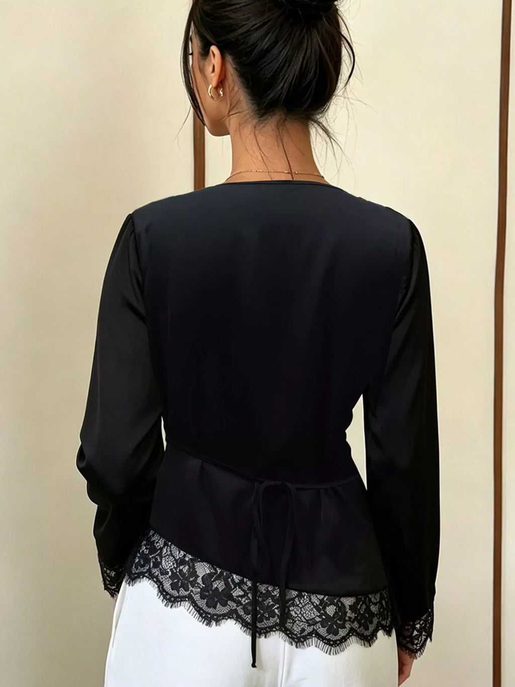 Lace Trim Cowl Neck Blouse
