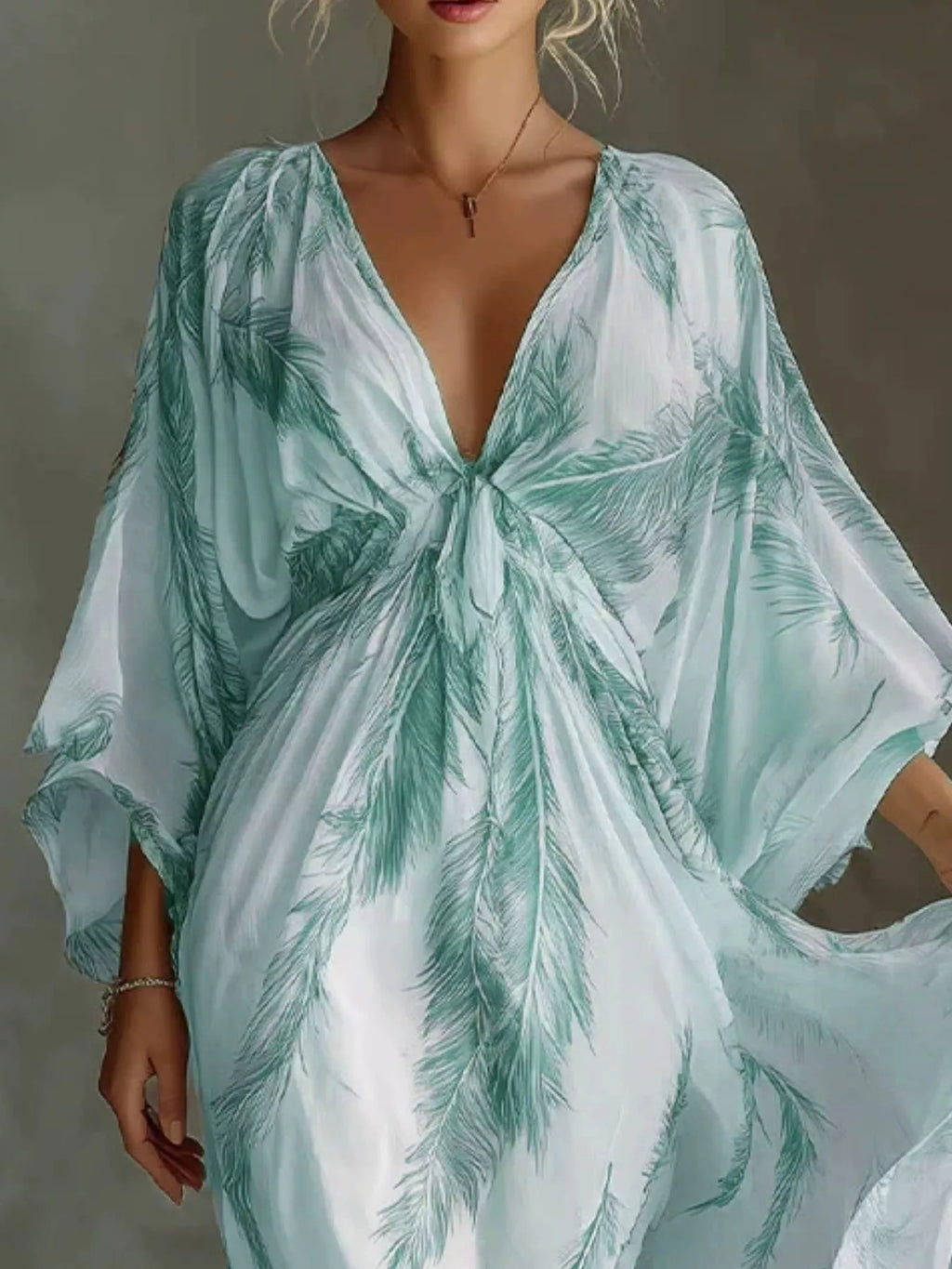 Full Size Feather Print V-Neck Flowy Maxi Dress Plus Size