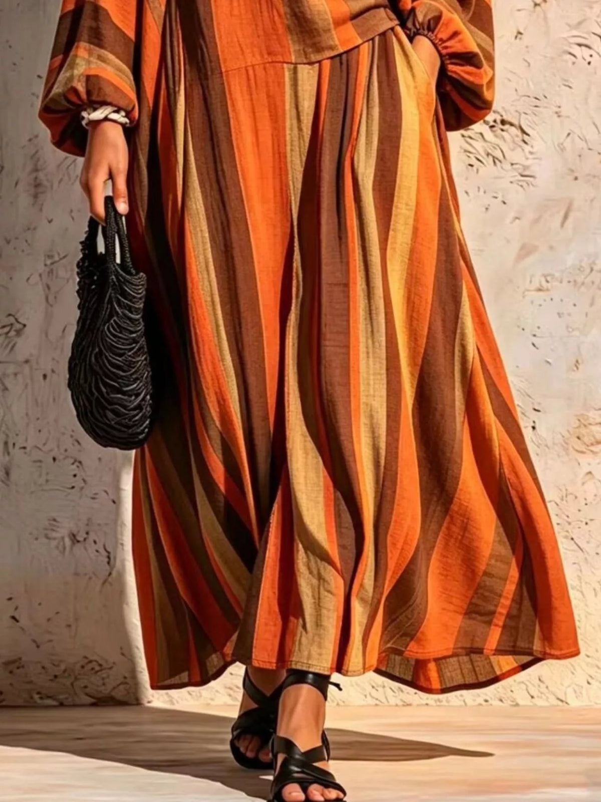 Bohemian Striped V-Neck Loose Top and Wide Leg Pants Set