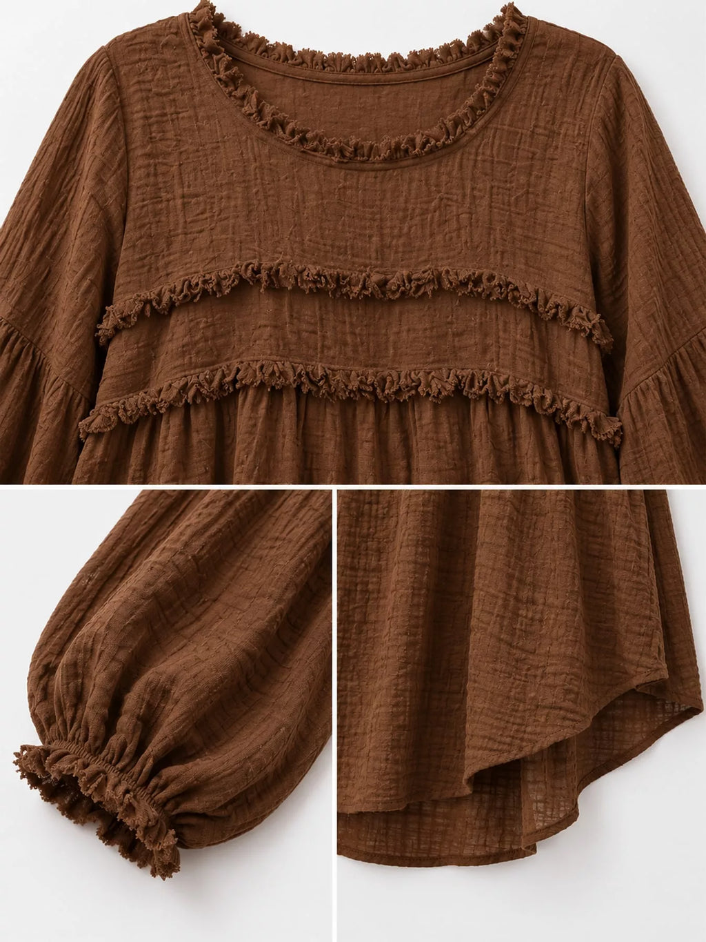 Full Size Boho Chic Textured Frayed Trim Peplum Blouse Plus Size