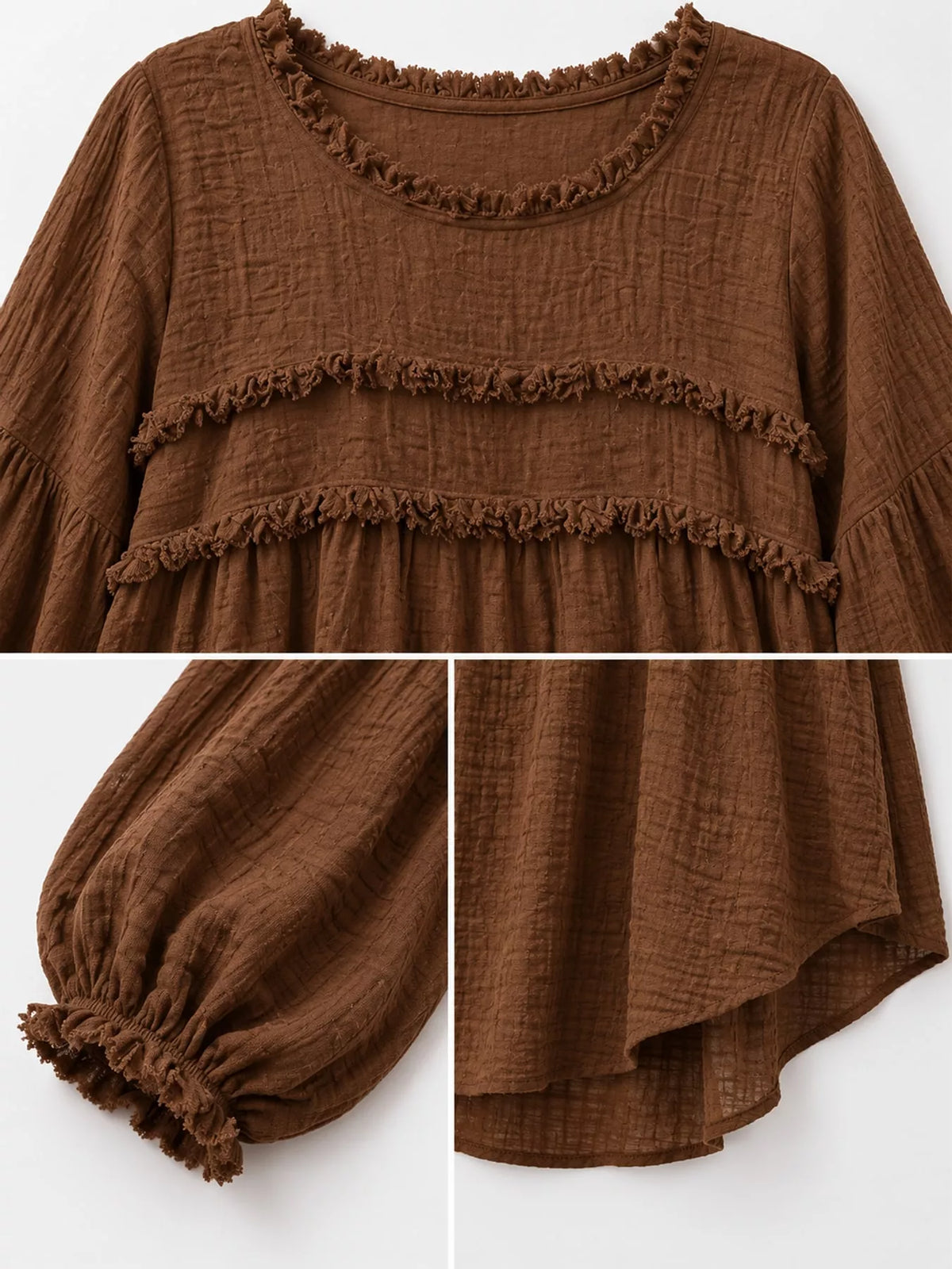 Full Size Boho Chic Textured Frayed Trim Peplum Blouse Plus Size