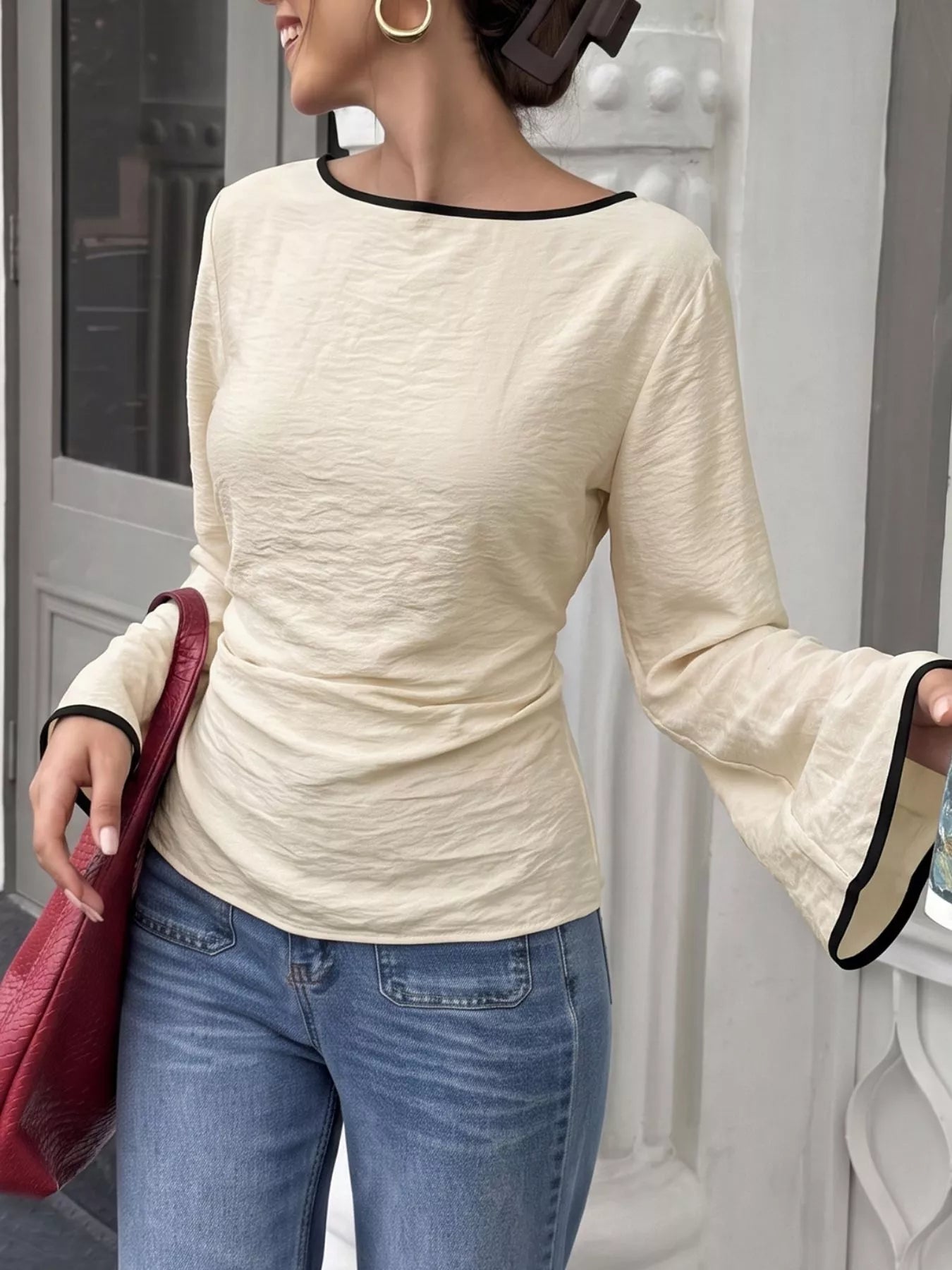 Contrast Trim Flare Sleeve Blouse