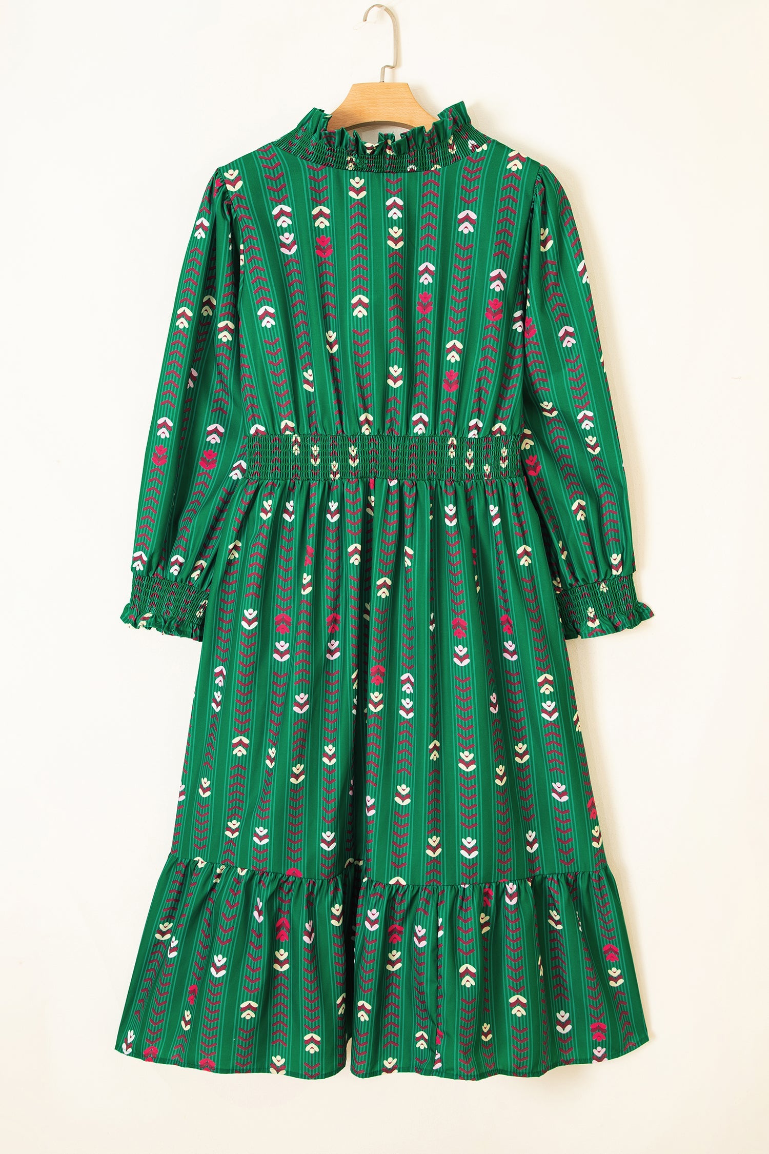 Green Floral Print V Neck Long Sleeve Shift Plus Size Dress