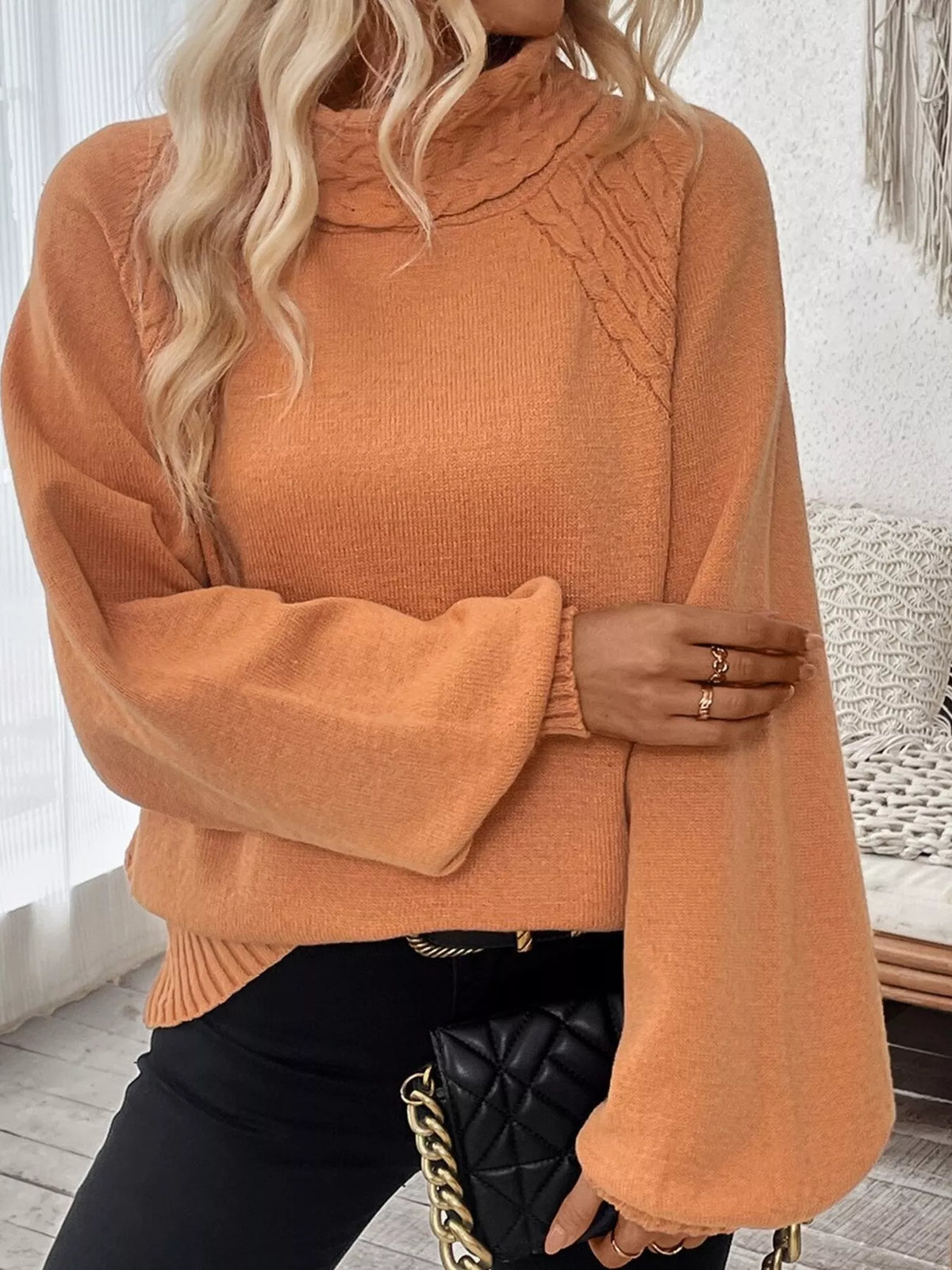 Cable-Knit Turtleneck Long Sleeve Sweater