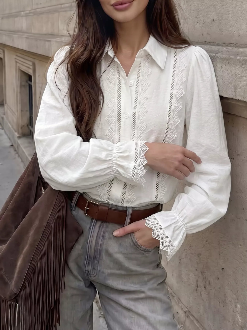 Lace-Trimmed Button-Down Shirt