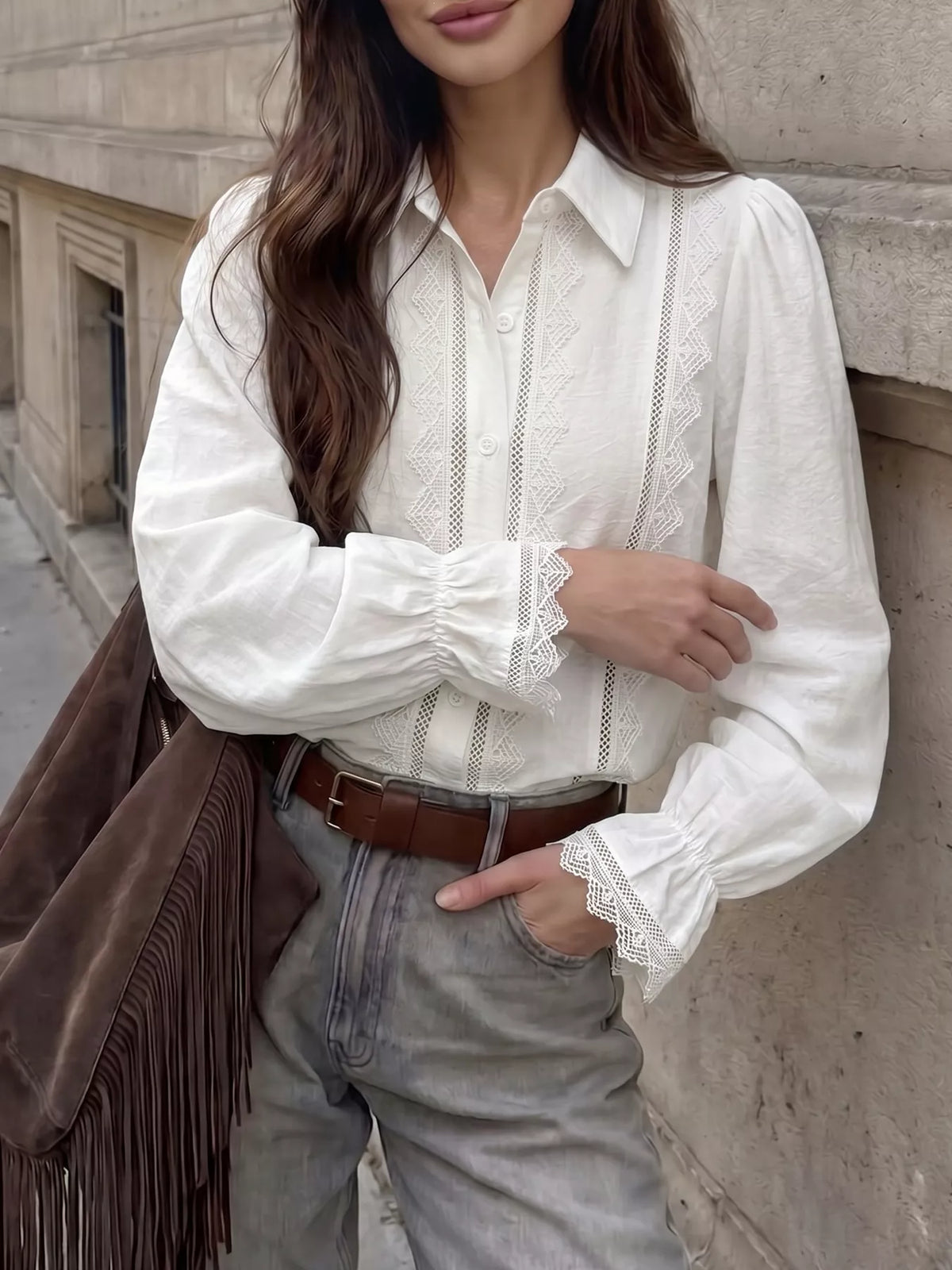 Lace-Trimmed Button-Down Shirt