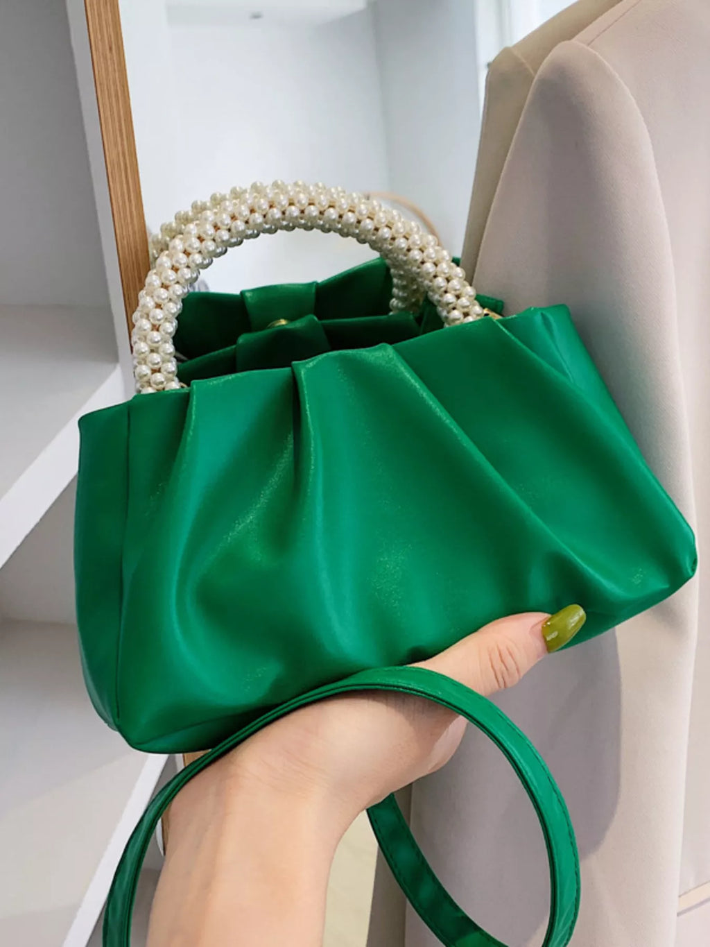 Pearl Handle Ruched Crossbody Bag