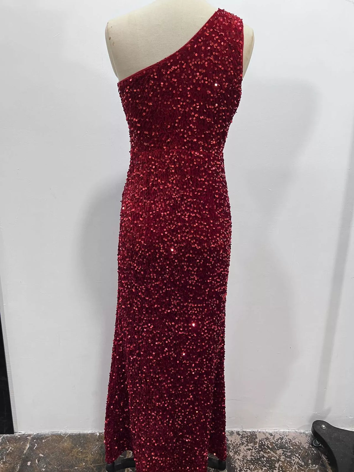 One-Shoulder Ruched Sequin High-Slit Evening Dress