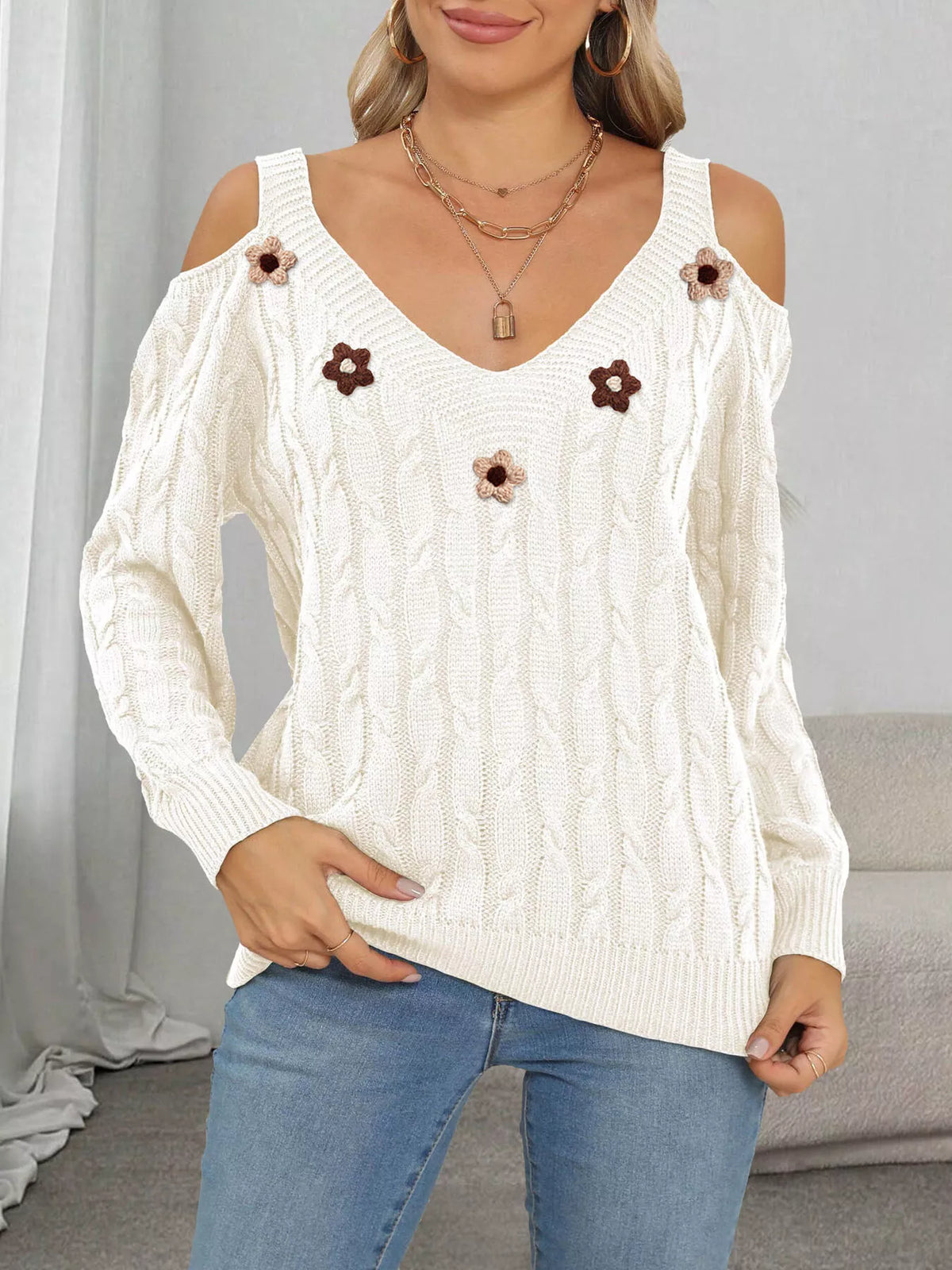 Floral Applique Cold Shoulder Cable Knit Sweater