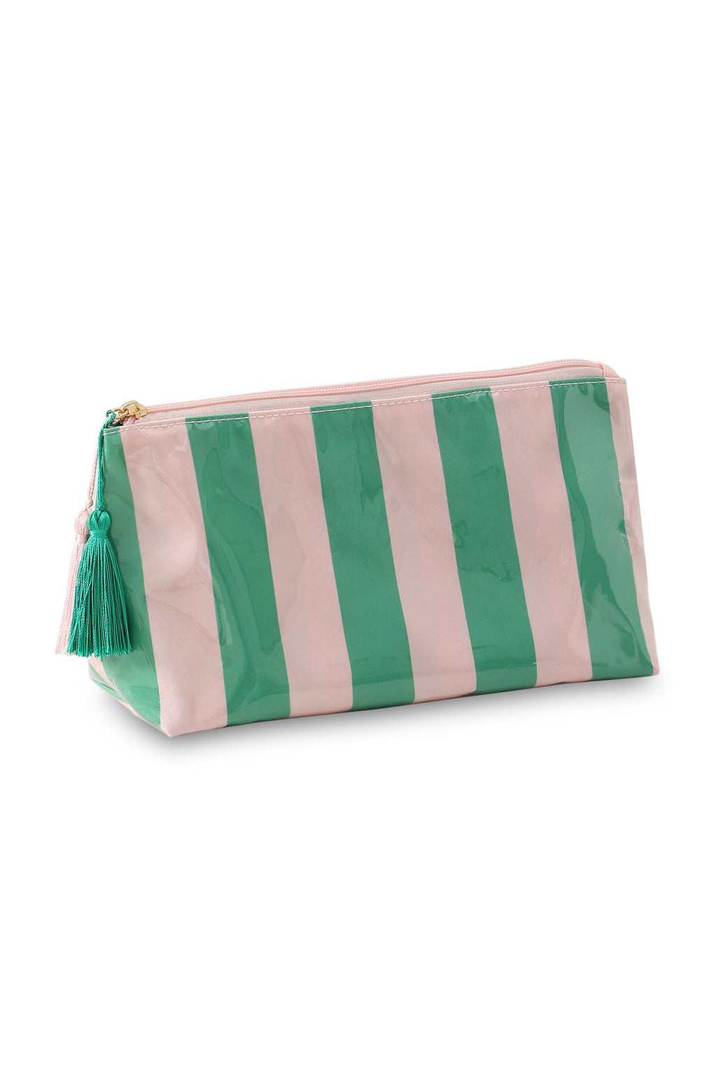 Dark Green Striped Vinyl Waterproof Tassel Zipper Makeup Bag