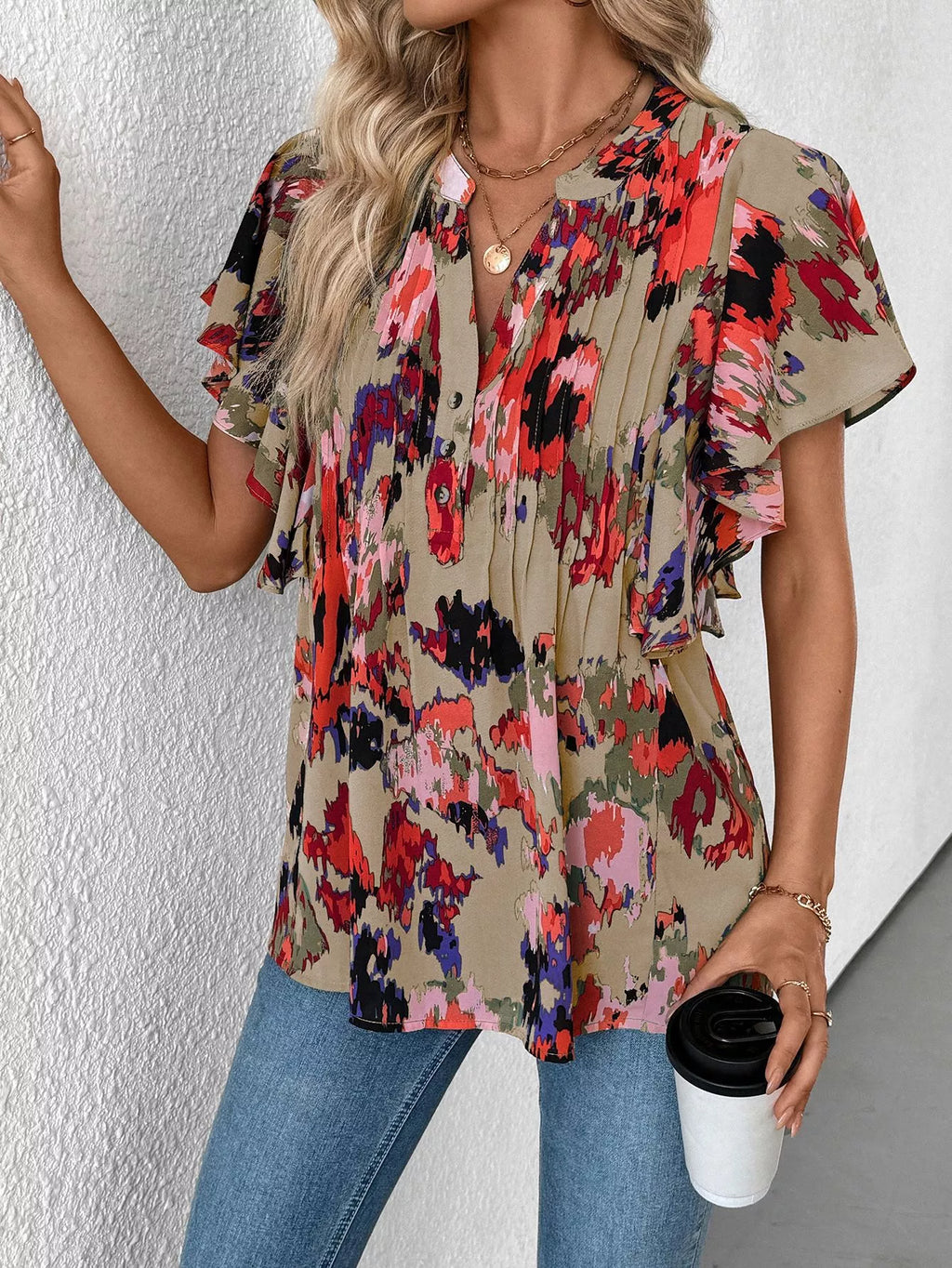 Abstract Print Flutter Sleeve Blouse