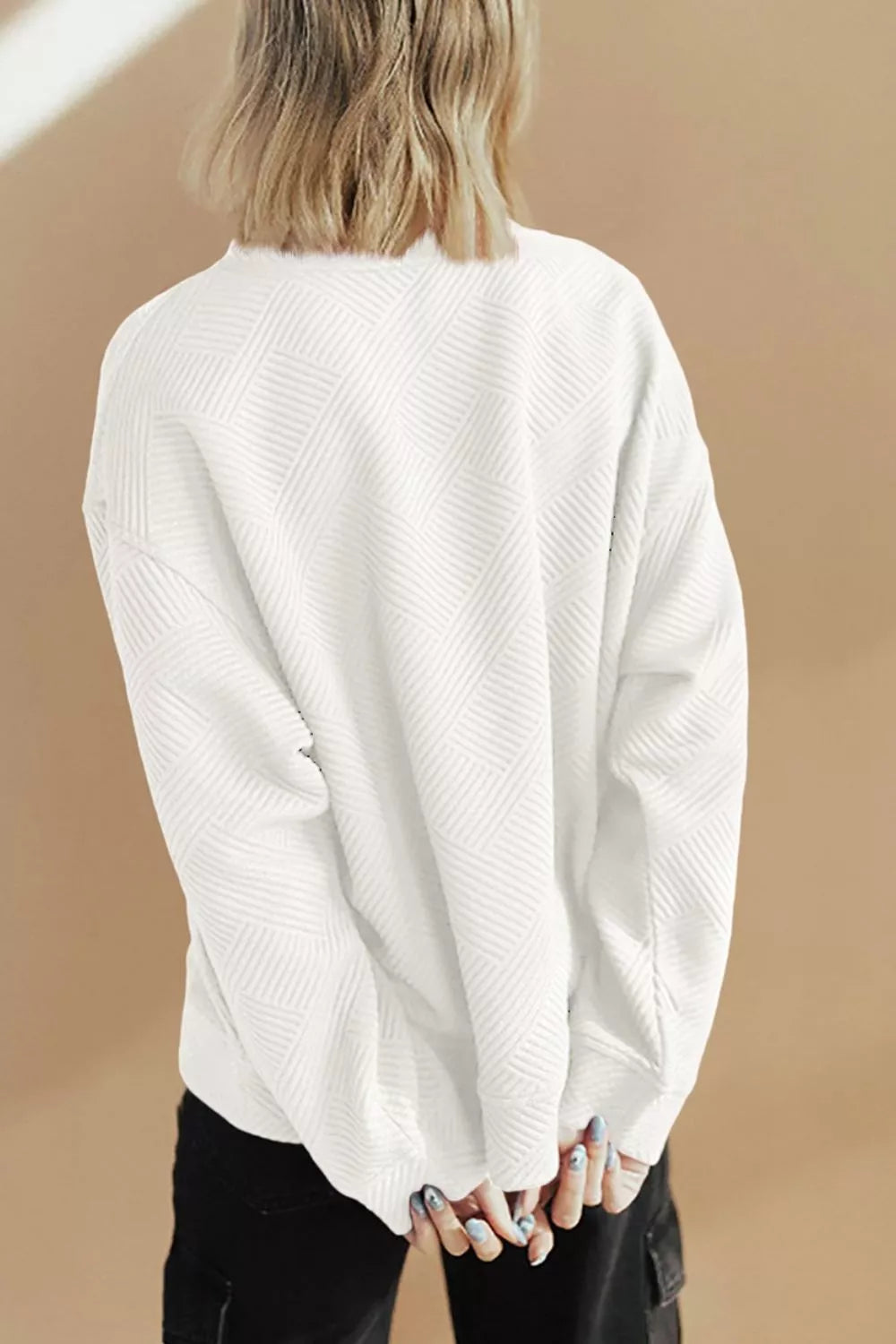 Solid Color Textured Round Neck Drop Shoulder Pullover Sweatshirt
