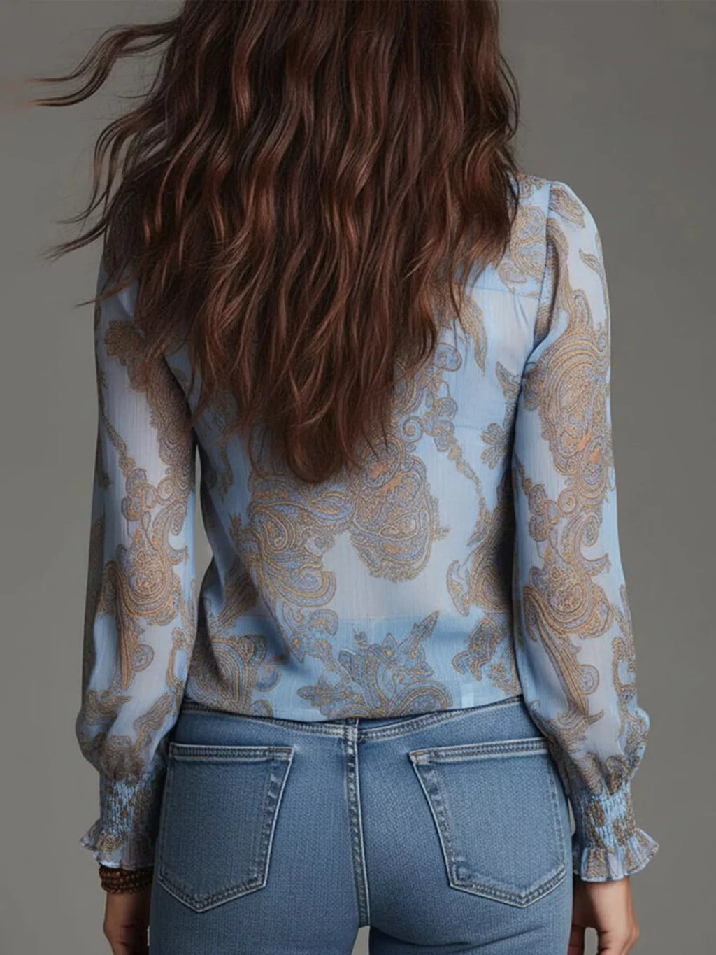 Full Size Paisley Print Ruffle Trim Zip-Front Blouse Plus Size