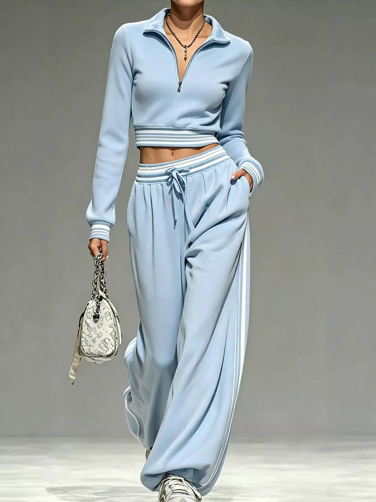 Full Size Half Zip Cropped Top and Pants Set Plus Size