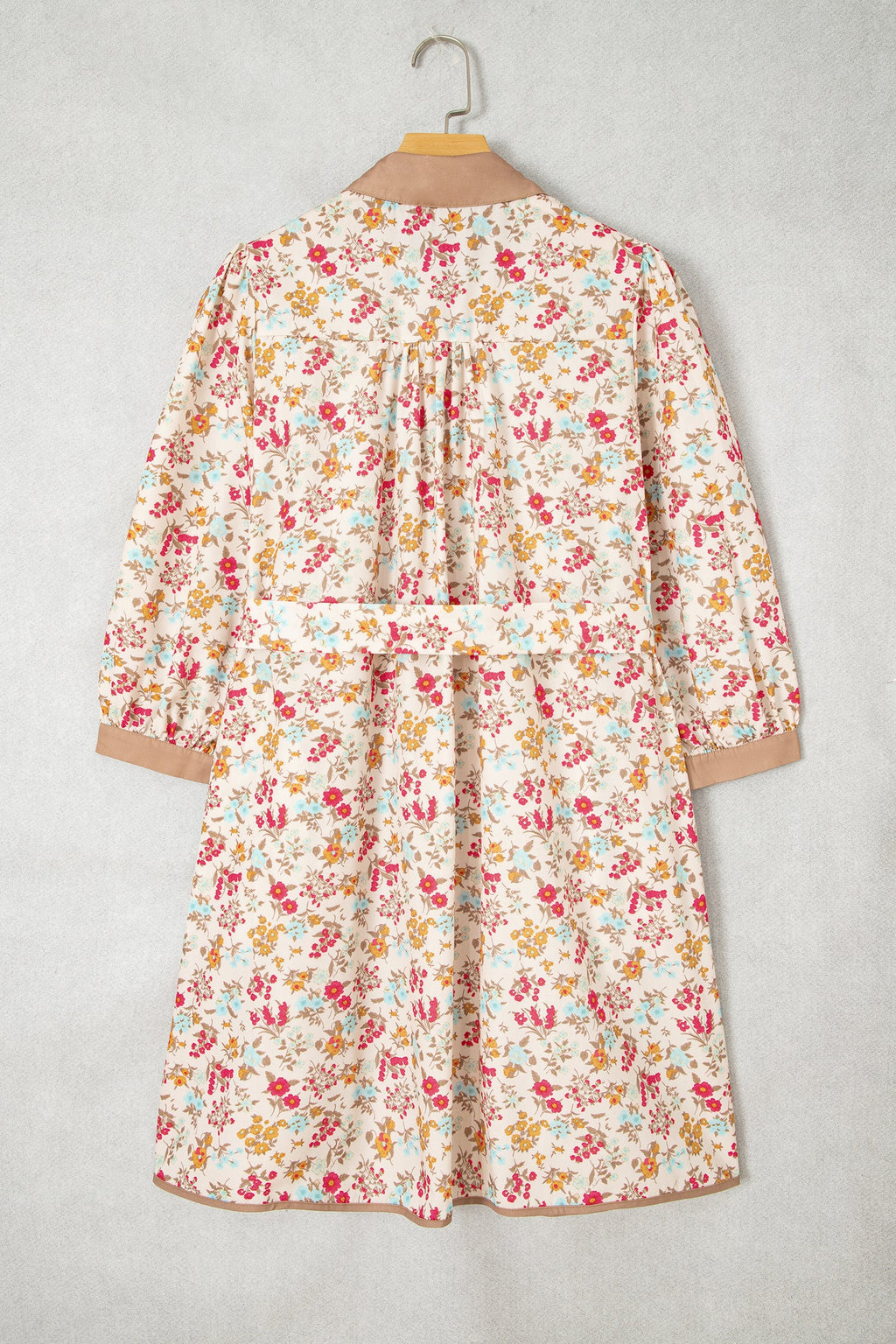 Orange Floral Print Color Block Trim Button Down 3/4 Sleeve Belted Mini Dress