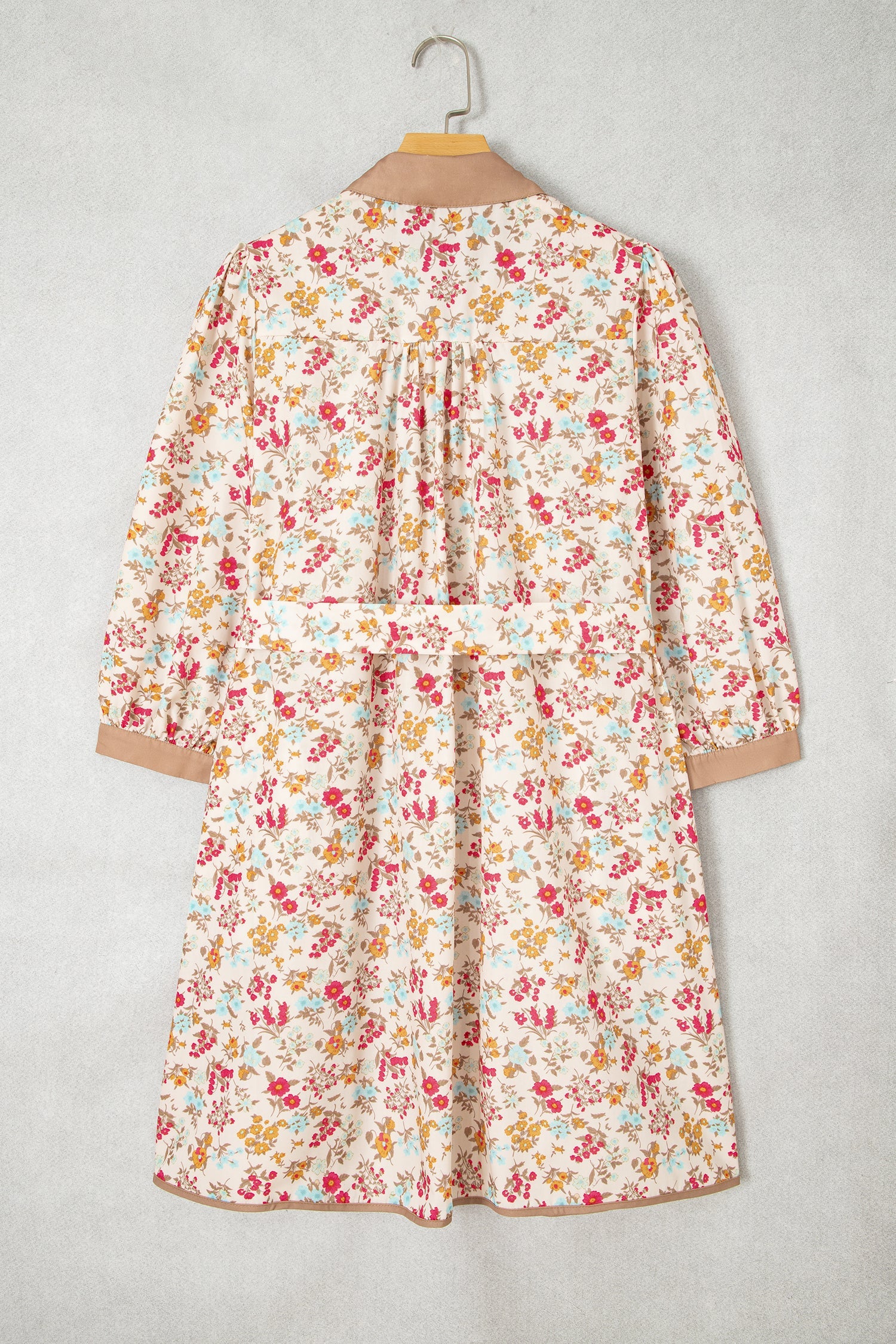 Orange Floral Print Color Block Trim Button Down 3/4 Sleeve Belted Mini Dress