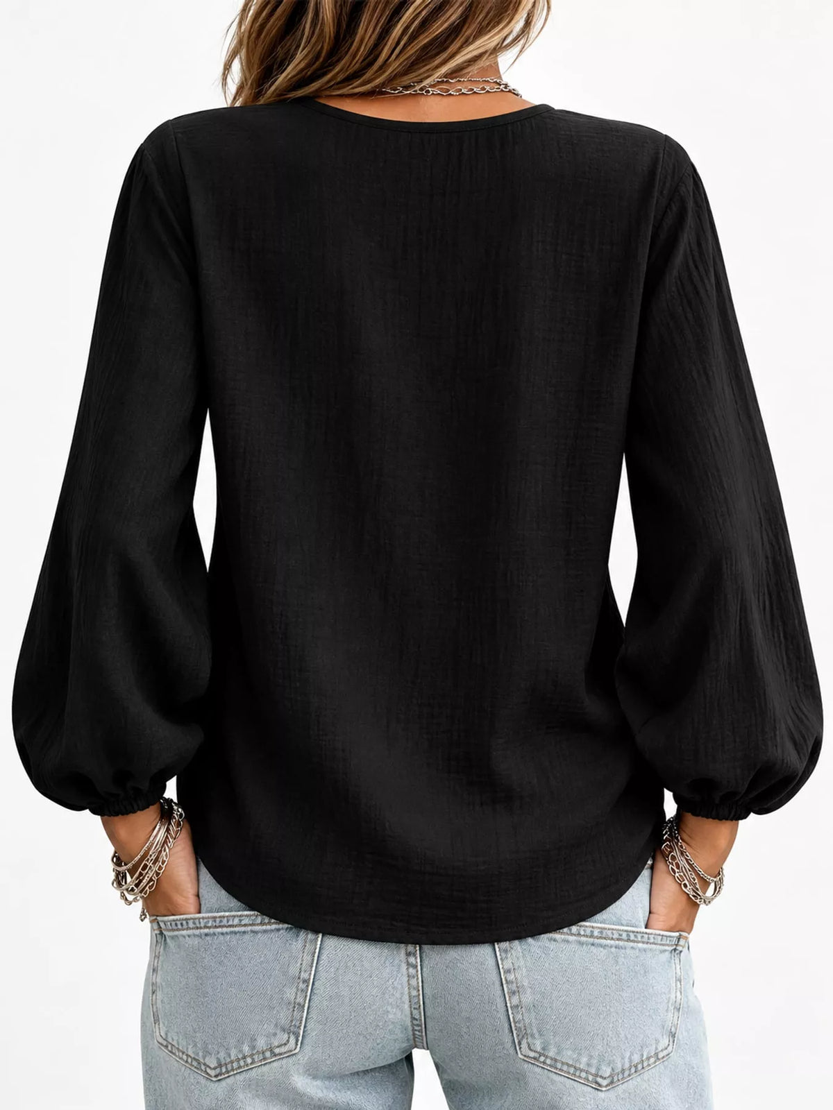 Full Size Elasticated Cuffs Long Sleeve Blouse Plus Size
