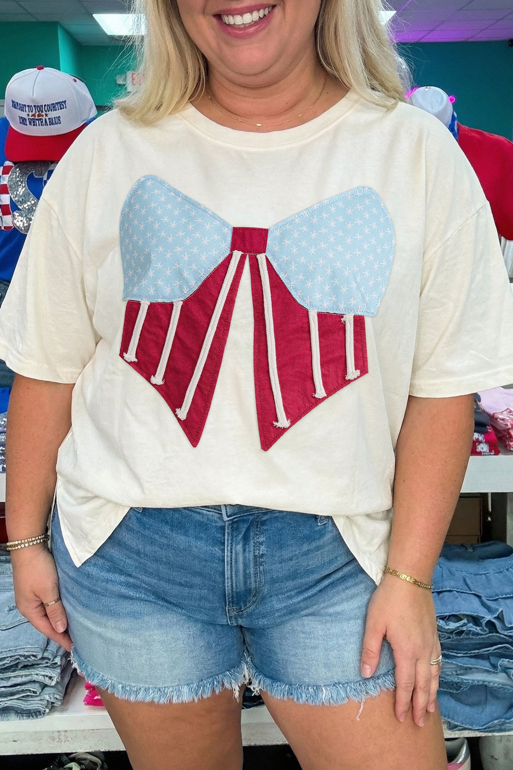 White Distressed Flag Bow Patched Plus Size T Shirt