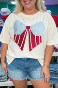 White Distressed Flag Bow Patched Plus Size T Shirt