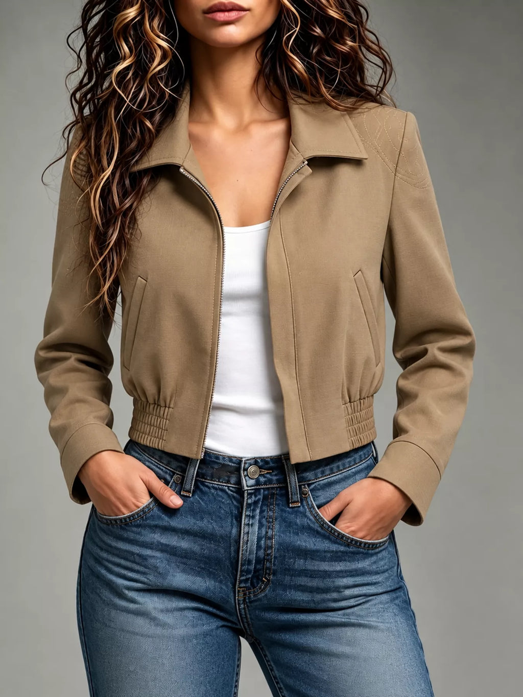 Zip Up Elasticized Hem Cropped Jacket