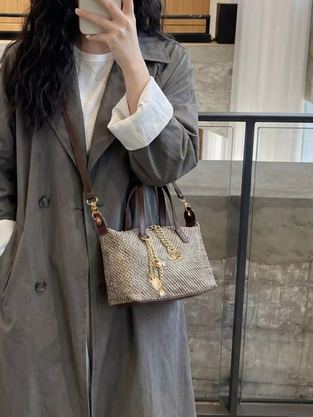 Woven Crossbody Bag with Gold Chain Accents