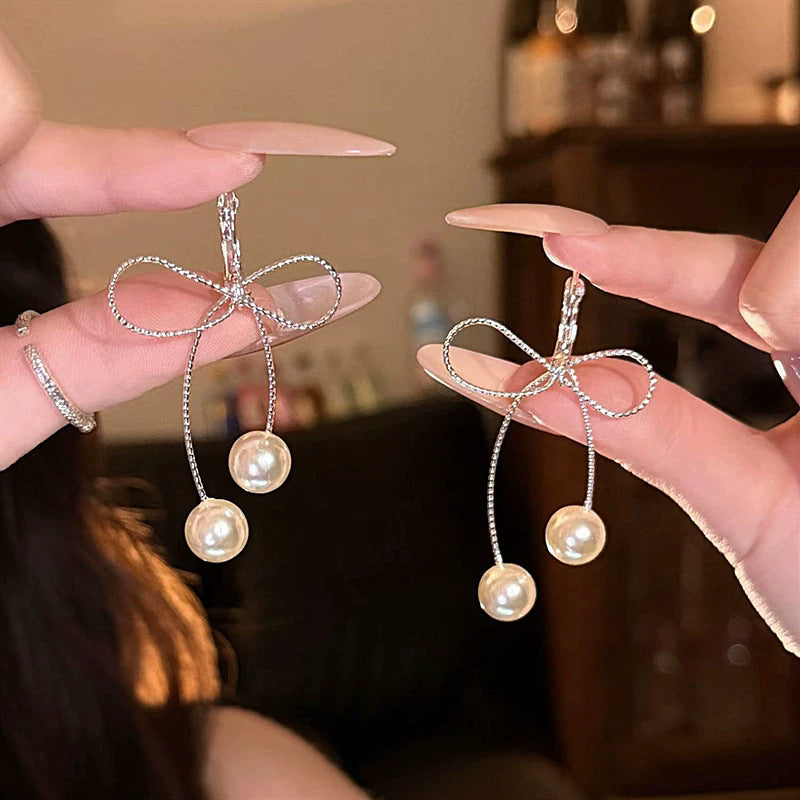 Women Bow Pearl Tassel Stud Earrings,Fashion Costume Accessories For Daily Party Occasion