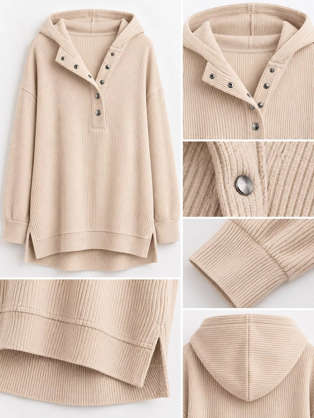 Full Size Snap Button Placket Dropped Shoulder Hoodie Plus Size