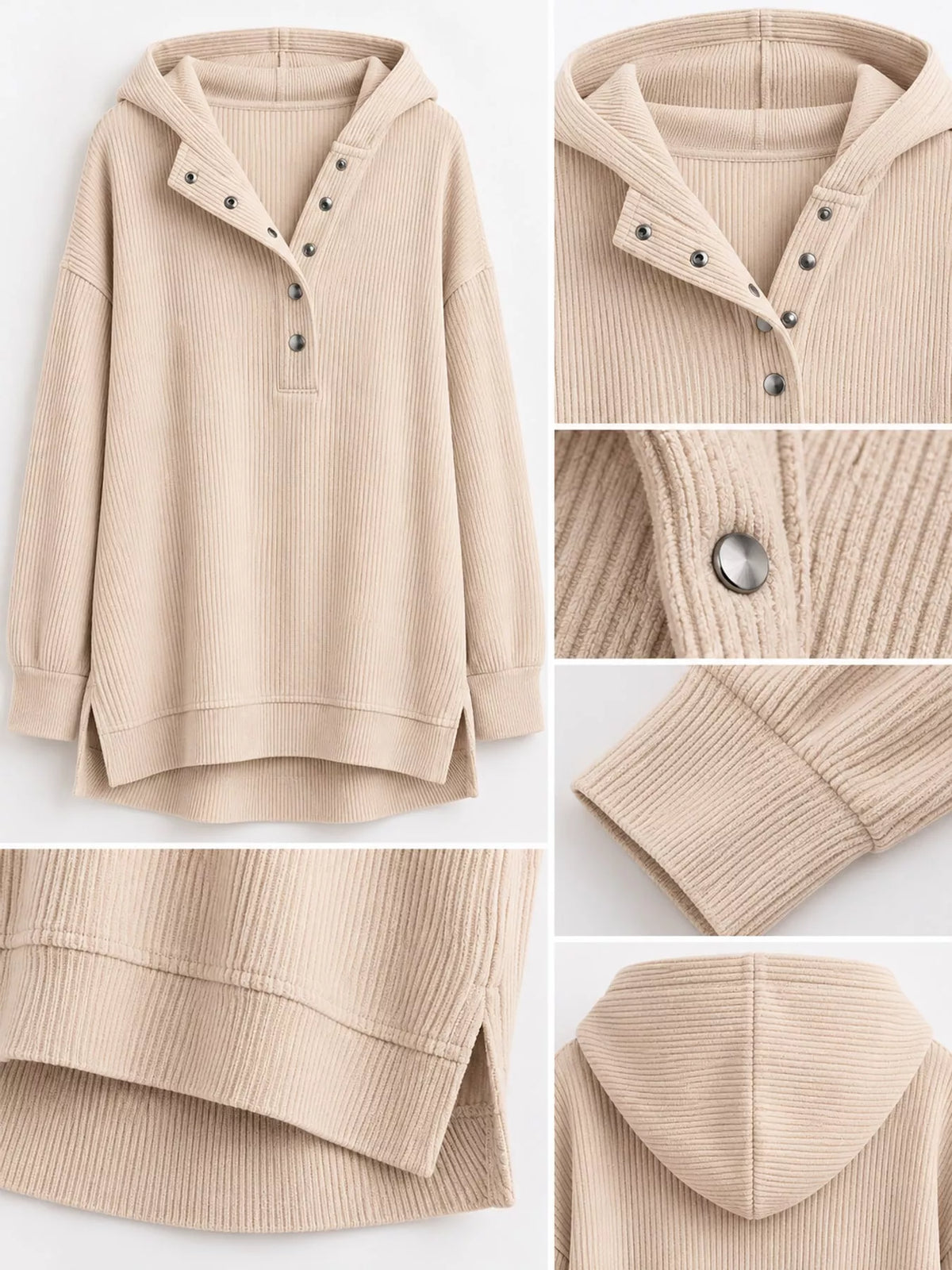 Full Size Snap Button Placket Dropped Shoulder Hoodie Plus Size