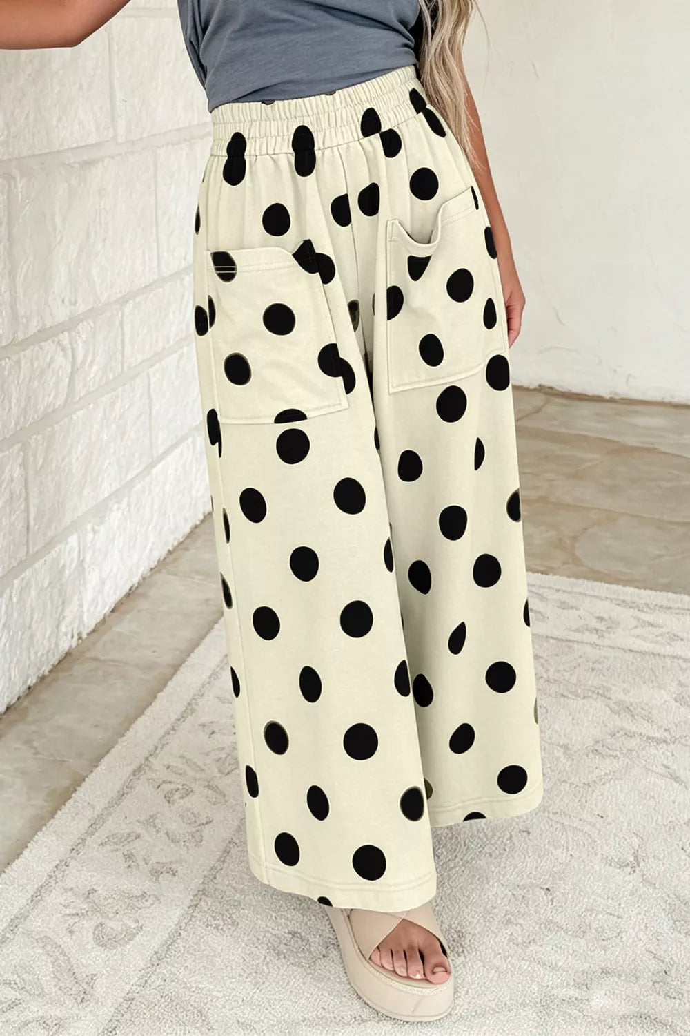 Polka Dot Wide Leg Elastic Waist Casual Pants