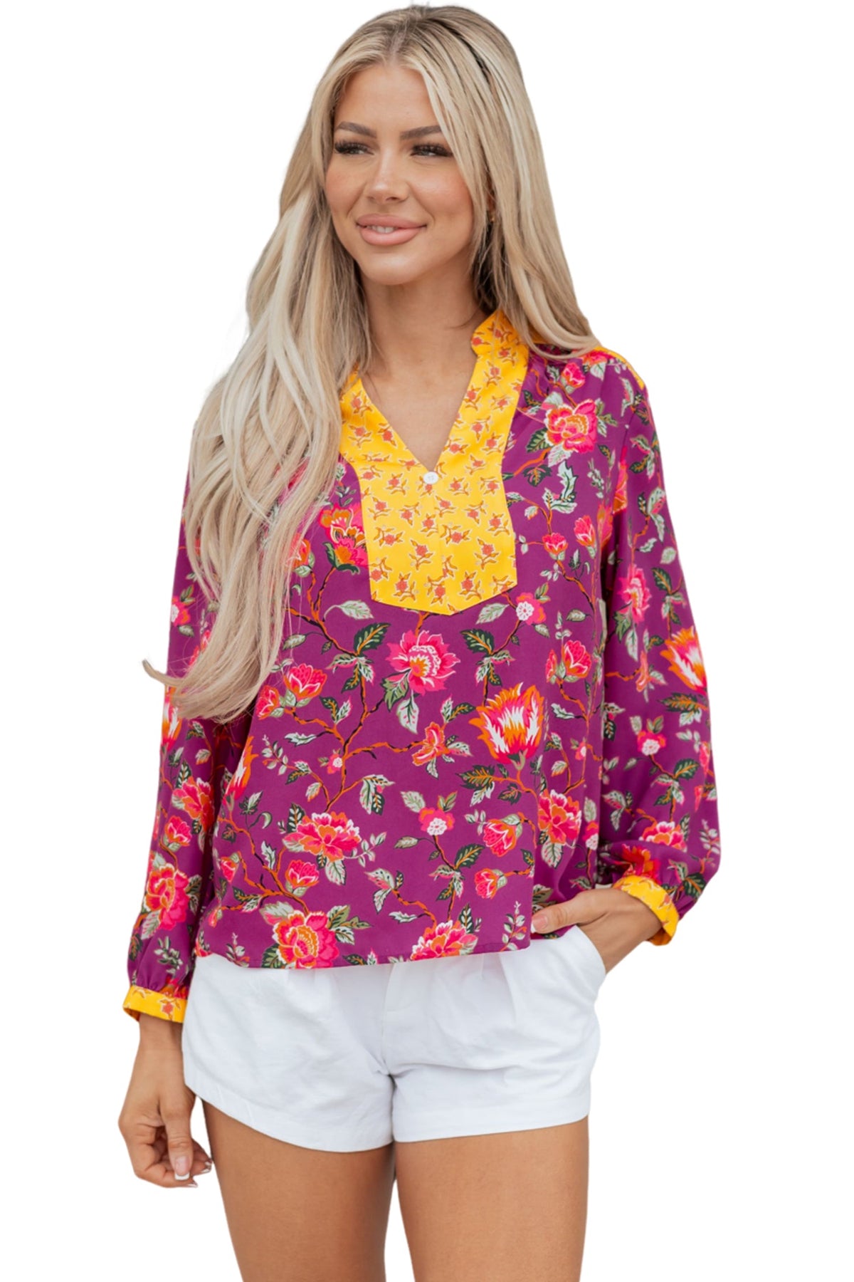 Floral Patchwork Split V-Neck Blouse