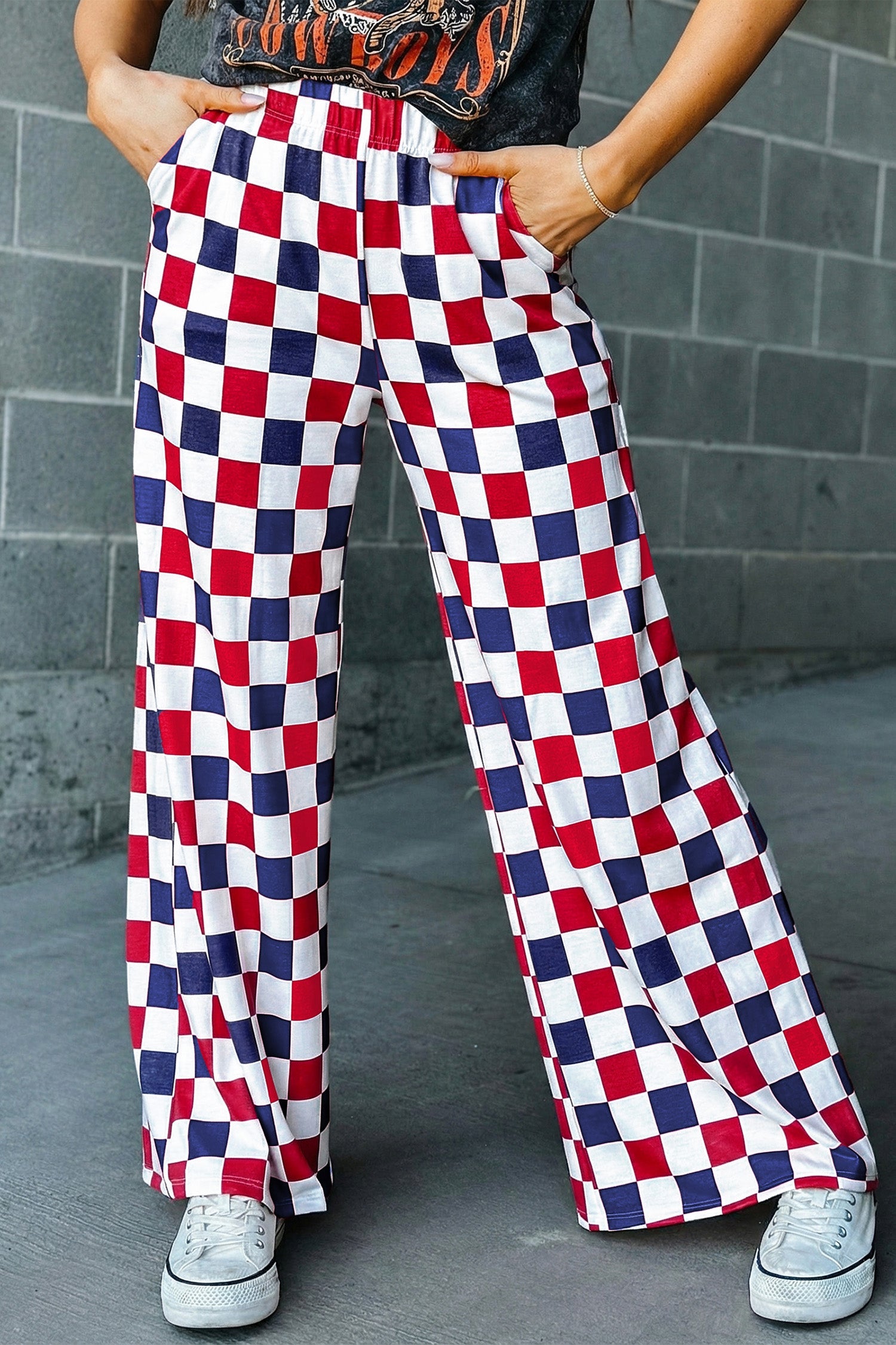 Red 2-Tone Checked Print High Waist Wide Leg Pants