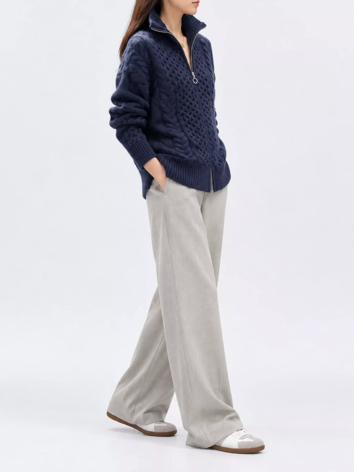 Full Size Cable-Knit Zip-Up Cardigan Plus Size
