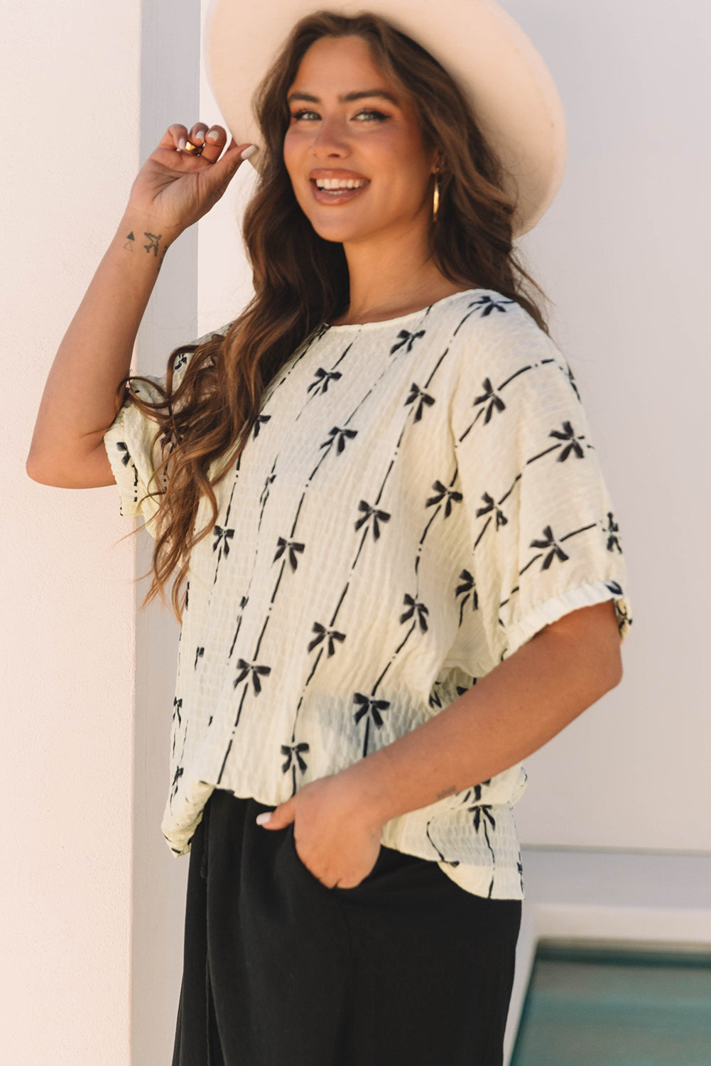 Bow Textured Short Puff Sleeve Top