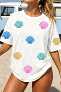 White Sequin Shell Graphic Summer Loose T Shirt