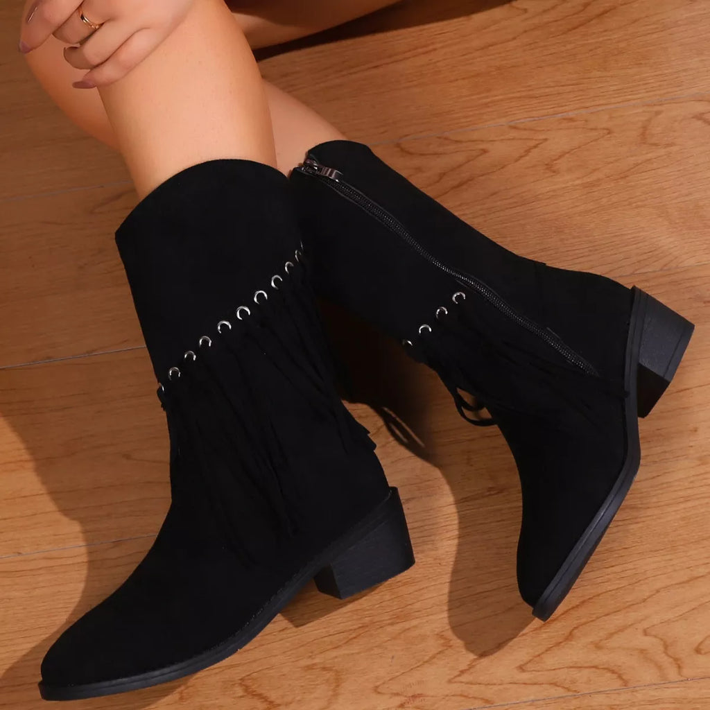 Fringe Western Block Heel Boots