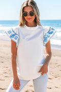 White Embroidered Ruffled Sleeve Frilled Collar Blouse