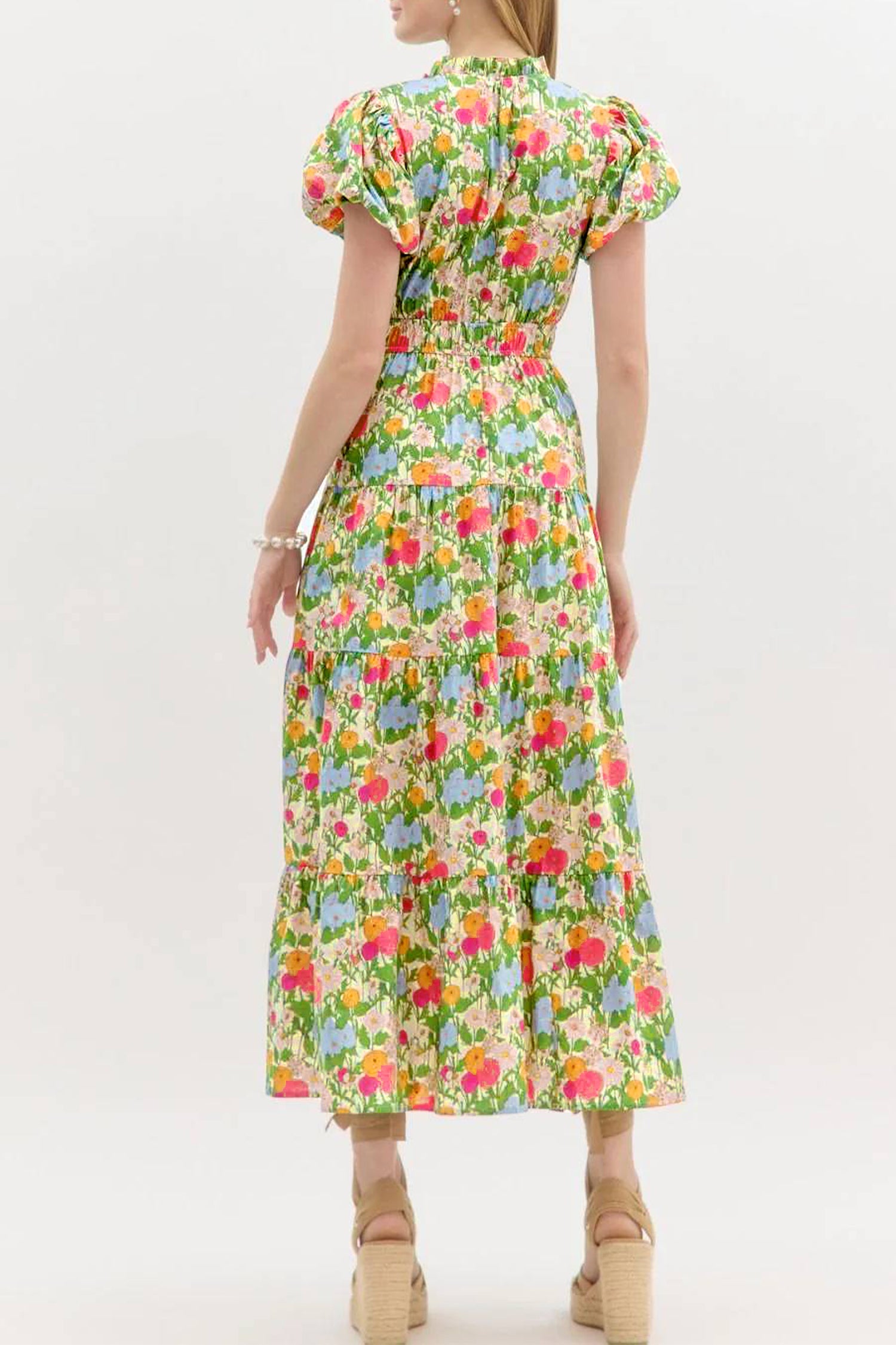 Green Floral Print V Neck Short Puff Sleeve Cotton Maxi Dress