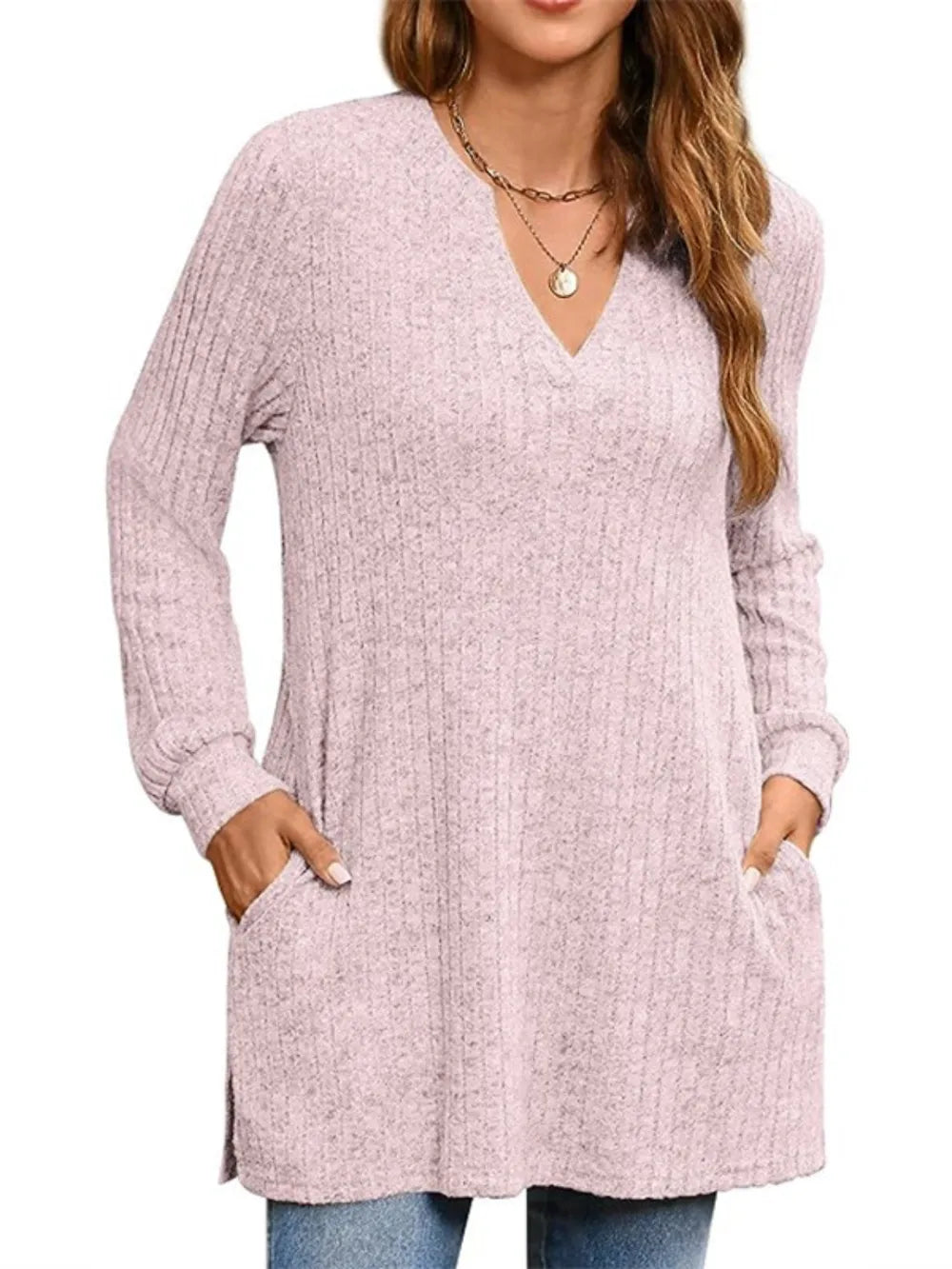 Ribbed Notched Long Sleeve T-Shirt