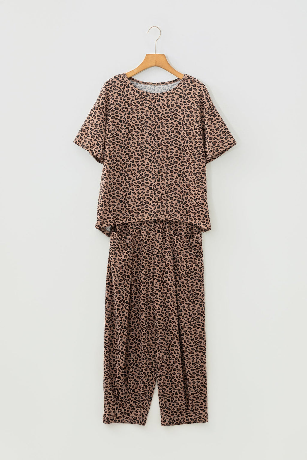 Brown Leopard High-Low Loose Tee Ankle Length Pants Set
