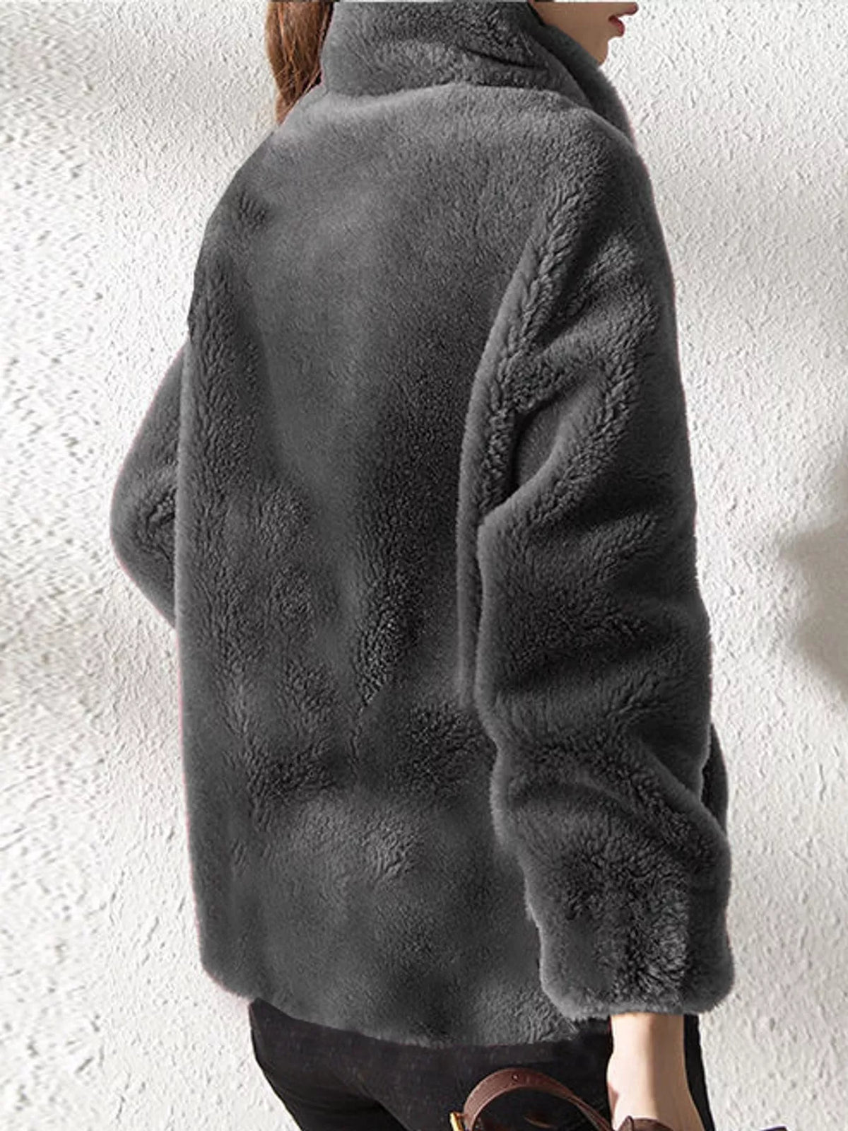 Full Size Drawstring Faux Fur Stand-Collar Zip-Up Outerwear Plus Size
