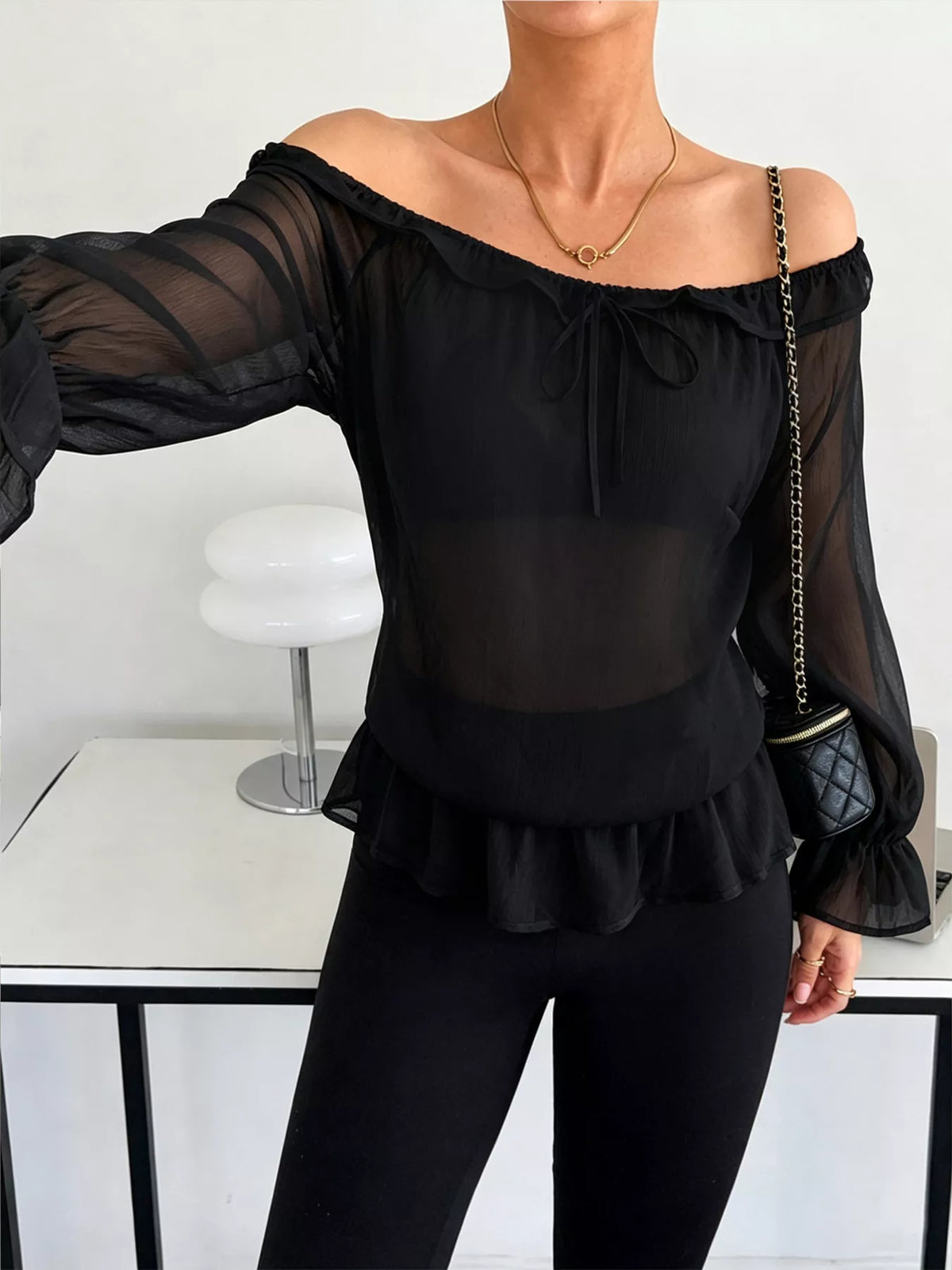Off-Shoulder Flounce Sleeve Chiffon Blouse