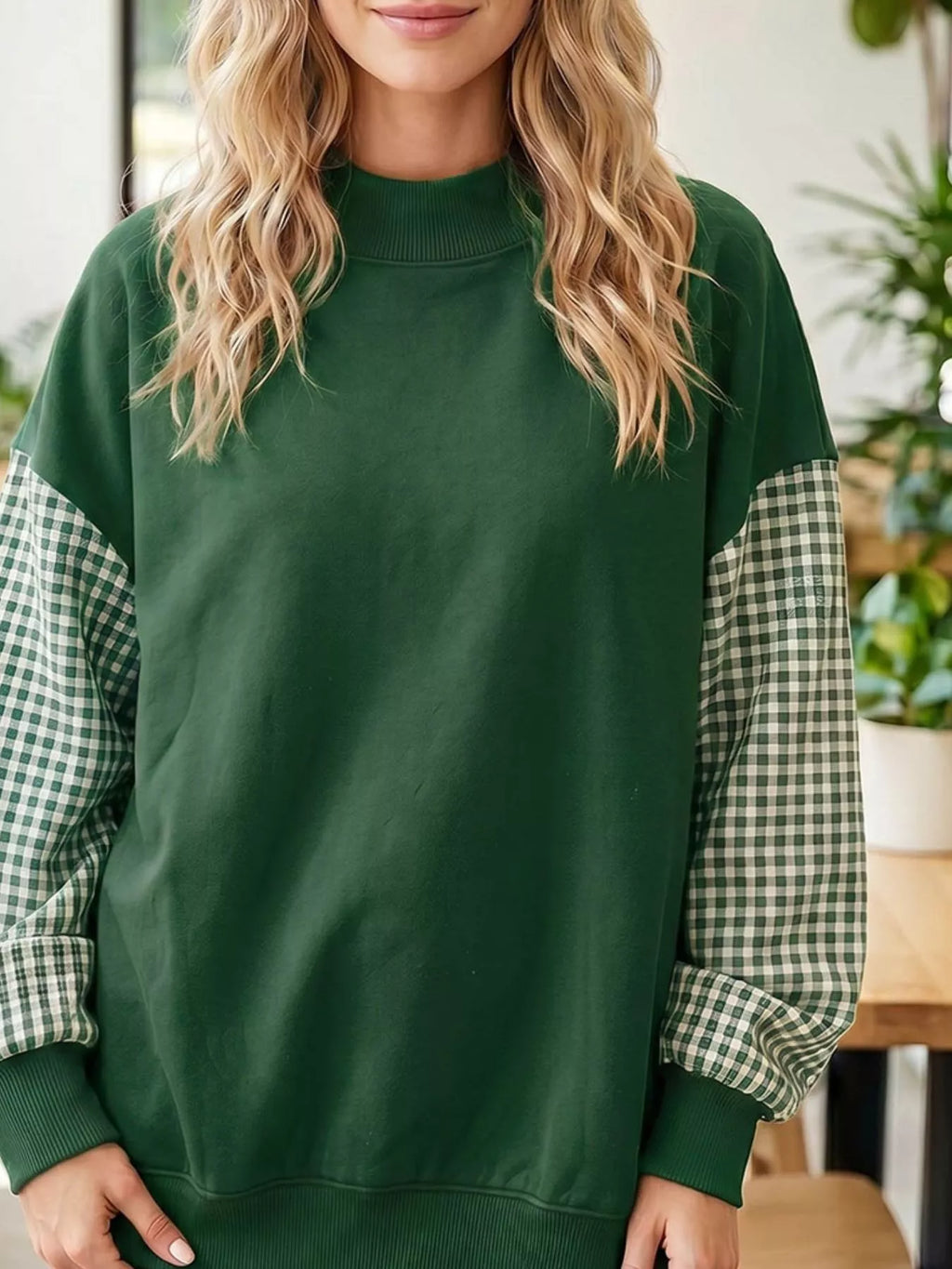 Gingham Sleeve Mock Neck Sweatshirt