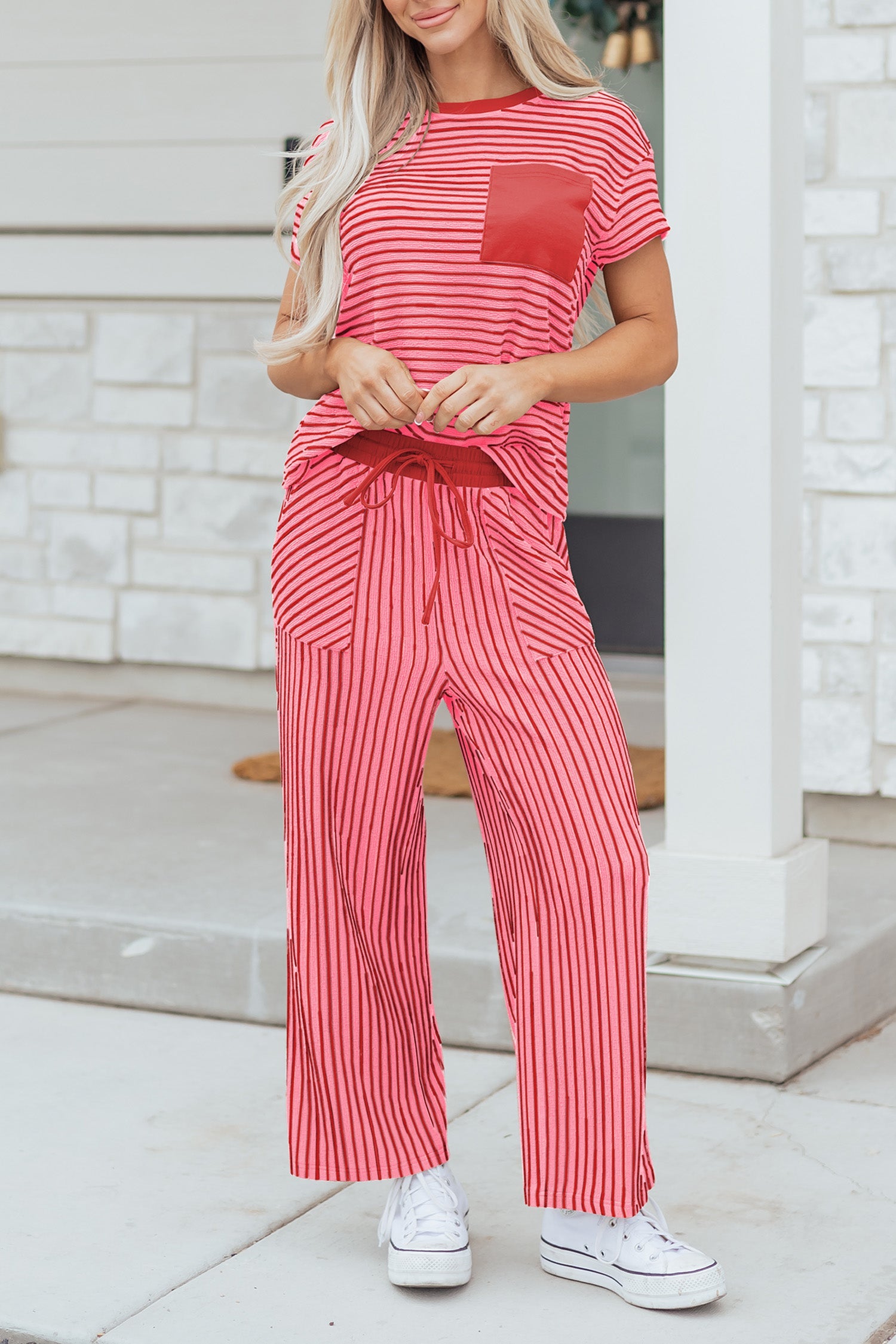 Rose Stripe Crew Neck Tee Drawstring Waist Cropped Pants Set