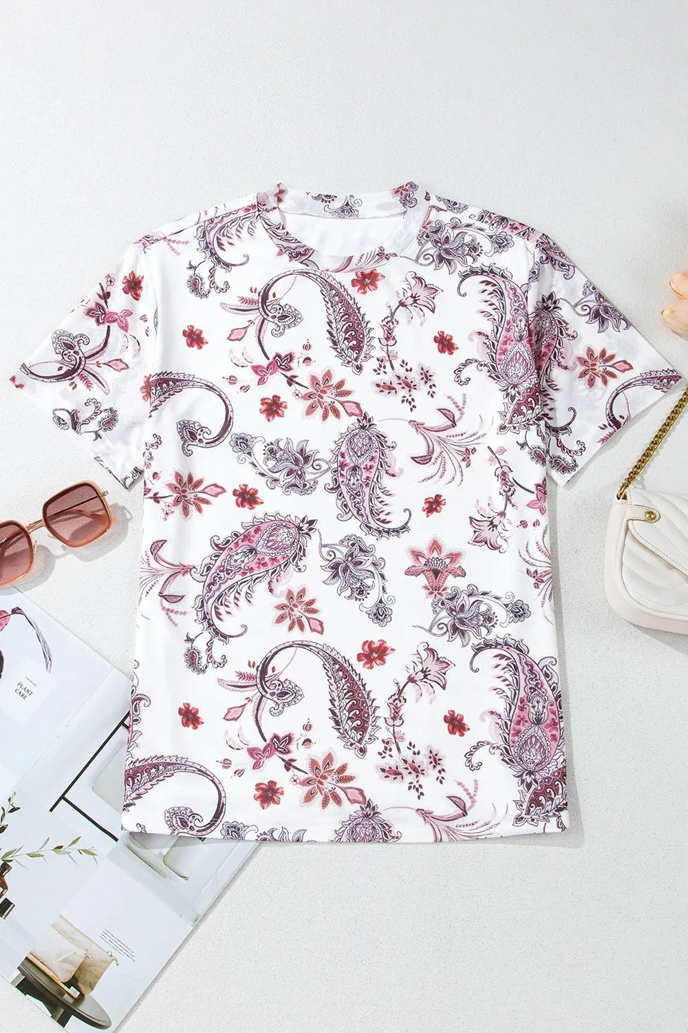 Paisley Print Mock Neck Short Sleeve Tee