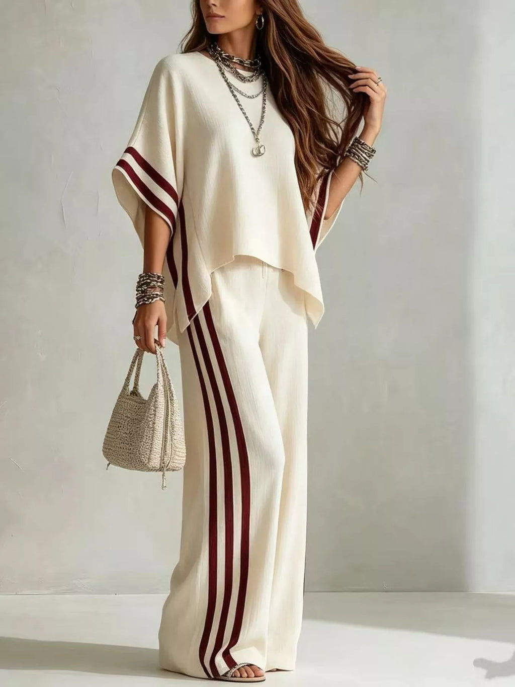Full Size Striped 3/4 Sleeve Top and Pants Set Plus Size