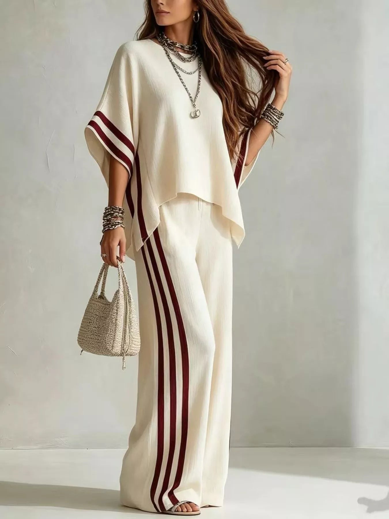 Full Size Striped 3/4 Sleeve Top and Pants Set Plus Size